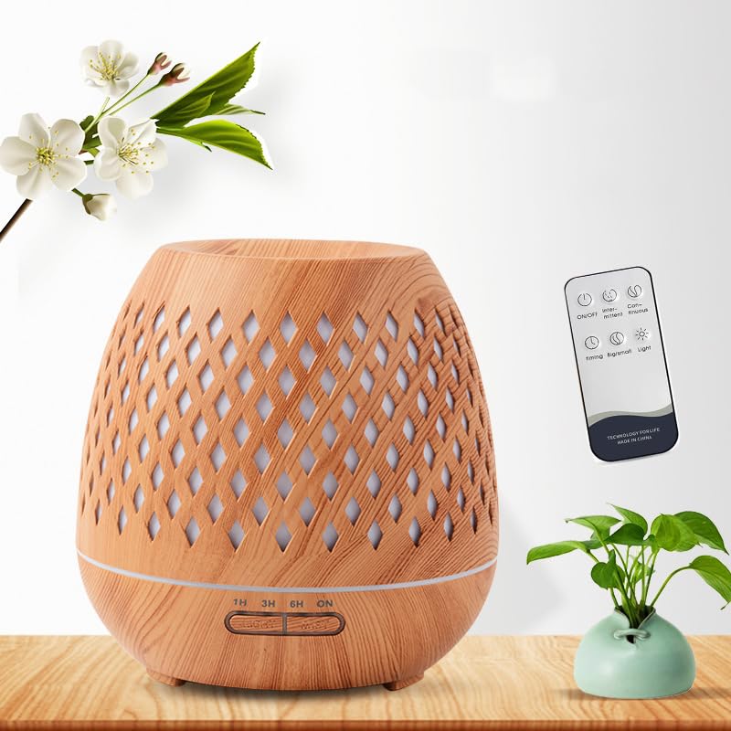 Essential Oil Diffuser, Aromatherapy Diffuser 500ml with Remote Control, 4 Timer & Auto-Off Safety Switch, 7 Color LED Lights Mode, 10 Hours Quiet Humidifier for Bedroom, Office & Home (E.Light Woody)