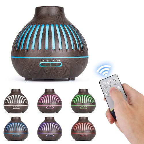 Essential Oil Diffuser, Aromatherapy Diffuser 500ml with Remote Control, 4 Timer & Auto-Off Safety Switch, 7 Color LED Lights Mode, 10 Hours Quiet Humidifier for Bedroom, Office & Home (G.Dark Brown)