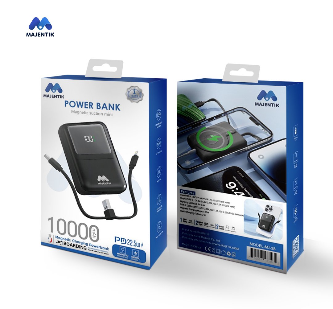 Majentik MJ-28 10000mAh Magnetic Power Bank, 22.5W Fast Charging, 15W Wireless Charging, PD 20W, Built-In Type-C & Lightning Cables, Digital Display, Watch Charging, Compatible with MagSafe - Black