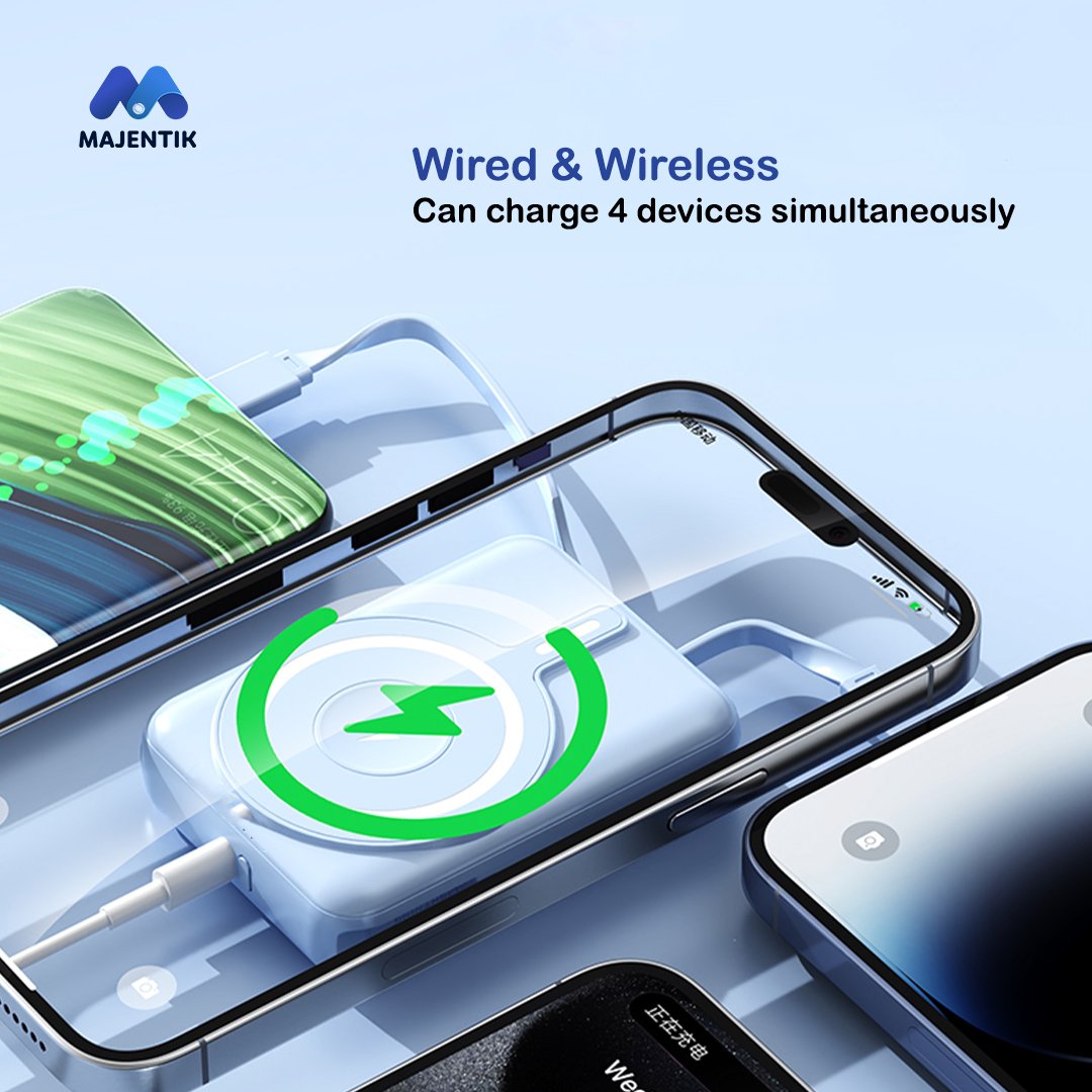 Majentik MJ-28 10000mAh Magnetic Power Bank, 22.5W Fast Charging, 15W Wireless Charging, PD 20W, Built-In Type-C & Lightning Cables, Digital Display, Watch Charging, Compatible with MagSafe - Black