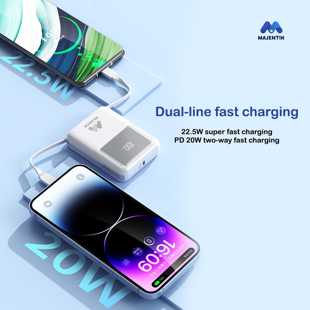 Majentik MJ-28 10000mAh Magnetic Power Bank, 22.5W Fast Charging, 15W Wireless Charging, PD 20W, Built-In Type-C & Lightning Cables, Digital Display, Watch Charging, Compatible with MagSafe - Black