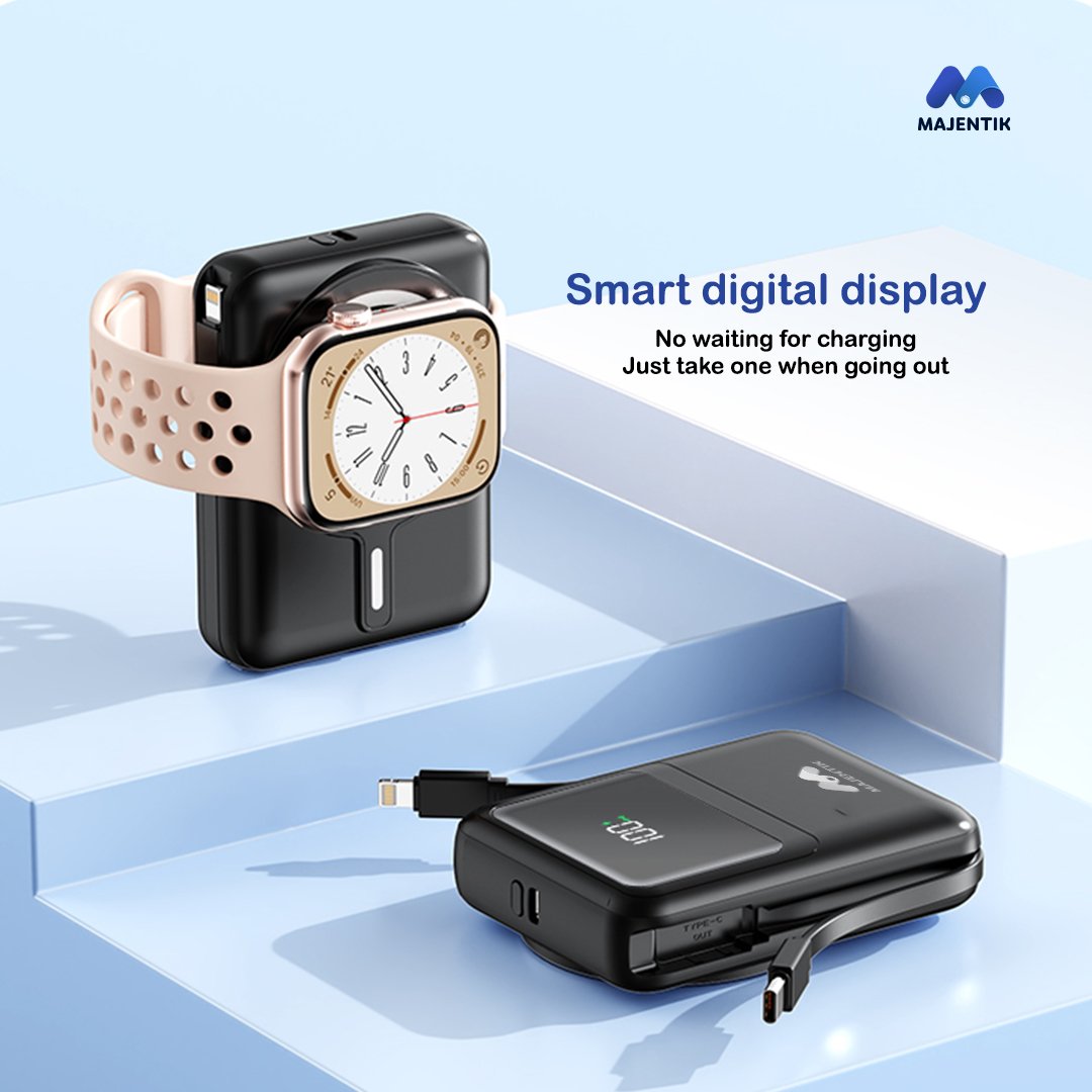 Majentik MJ-28 10000mAh Magnetic Power Bank, 22.5W Fast Charging, 15W Wireless Charging, PD 20W, Built-In Type-C & Lightning Cables, Digital Display, Watch Charging, Compatible with MagSafe - Black