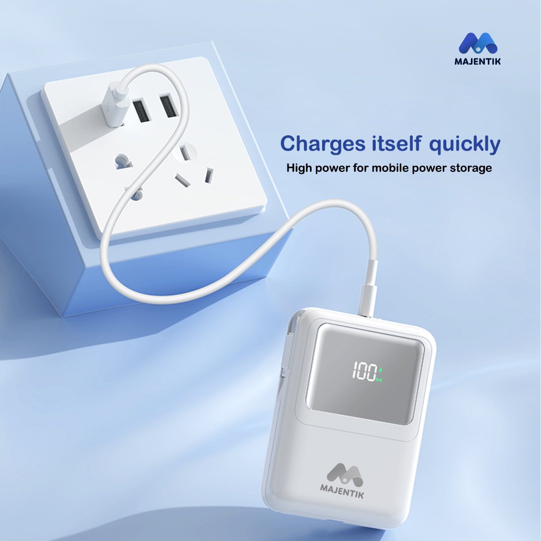 Majentik MJ-28 10000mAh Magnetic Power Bank, 22.5W Fast Charging, 15W Wireless Charging, PD 20W, Built-In Type-C & Lightning Cables, Digital Display, Watch Charging, Compatible with MagSafe - Black