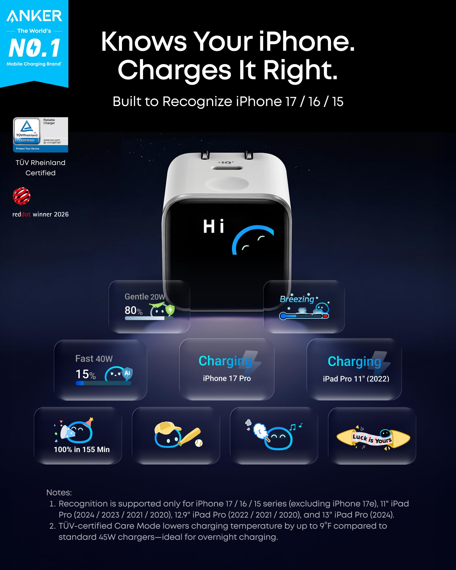 Anker Wall Charger Nano USB C, 45W Fast Charging, with 180° Foldable Plug, Smart Recognition, Built-in Care Mode, for iPhone 17/16/15 (Non-Battery,1 USB-C Port,No Cable) - Black