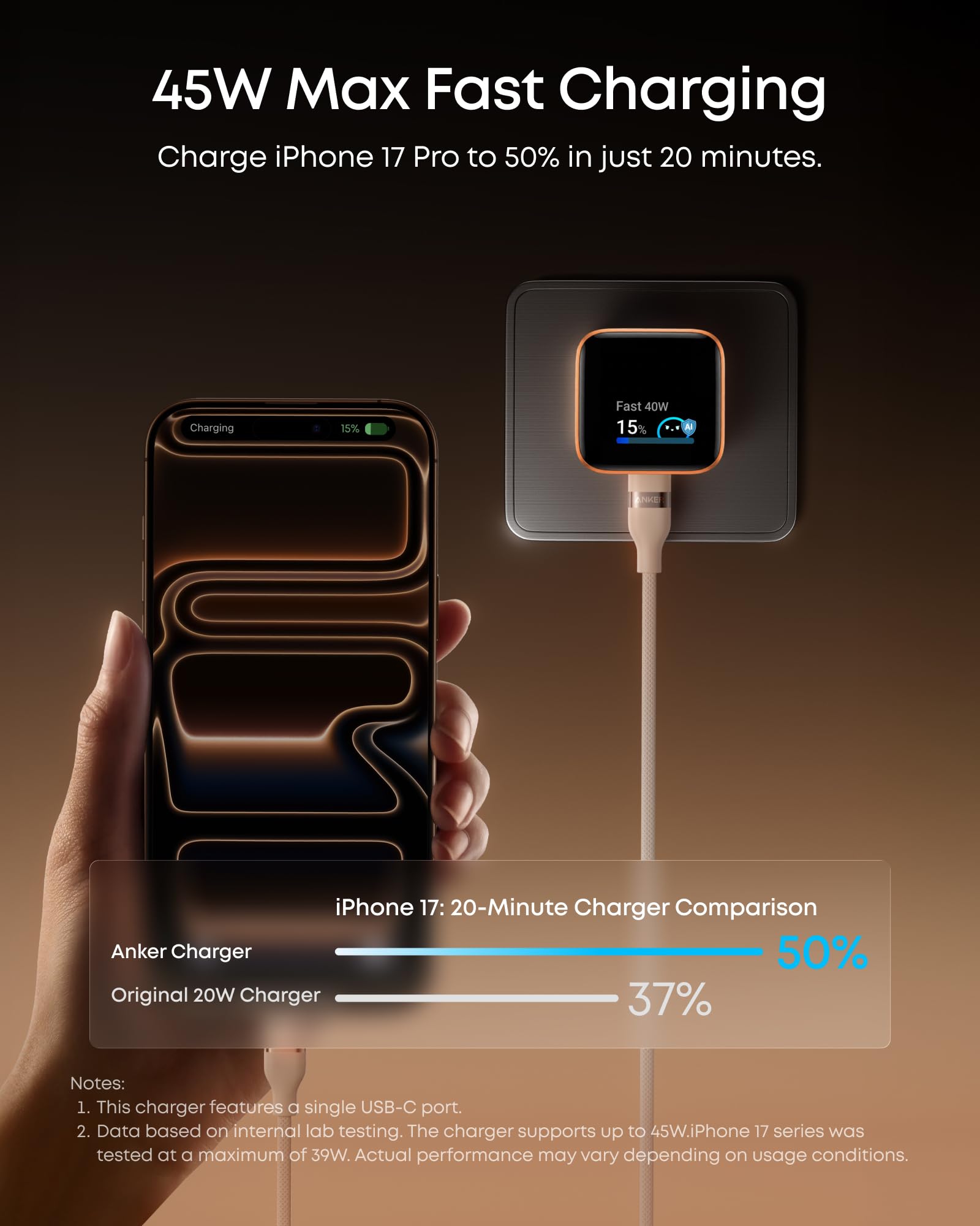 Anker Wall Charger Nano USB C, 45W Fast Charging, with 180° Foldable Plug, Smart Recognition, Built-in Care Mode, for iPhone 17/16/15 (Non-Battery,1 USB-C Port,No Cable) - Black