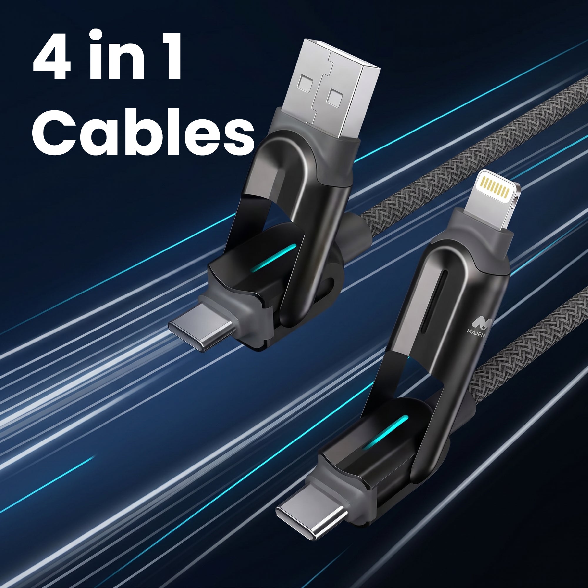 Majentik CL-025 Multi Charger Cable 1.2M, 4-in-1 3A Super Fast Charging Cord 60W, USB-C/USB-A to Lightning & USB-C for iPhone, Galaxy, OnePlus, Xiaomi - Dark Gray