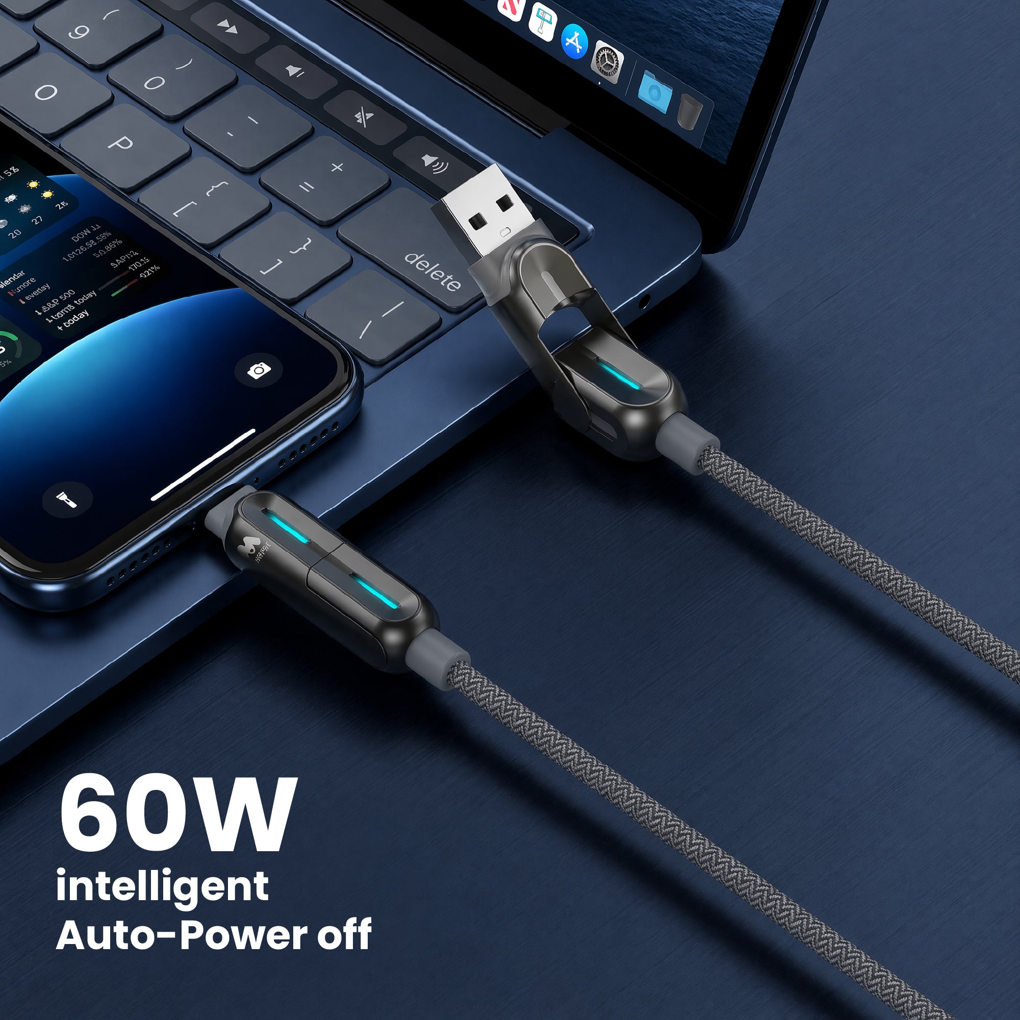 Majentik CL-025 Multi Charger Cable 1.2M, 4-in-1 3A Super Fast Charging Cord 60W, USB-C/USB-A to Lightning & USB-C for iPhone, Galaxy, OnePlus, Xiaomi - Dark Gray