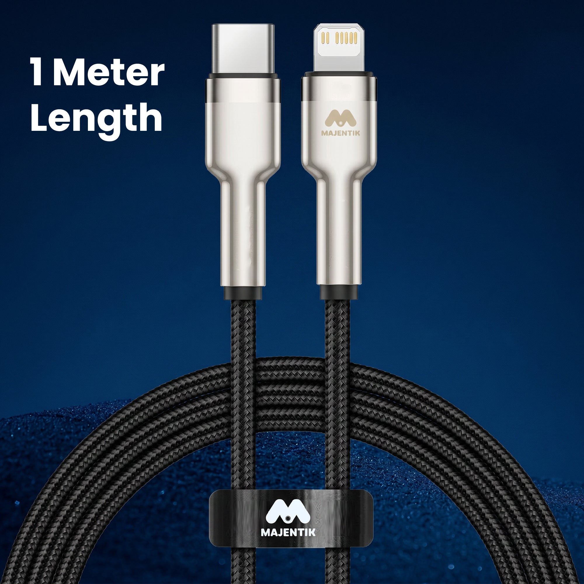 Cable Majentik CL010-L USB-C to Lightning Fast Charging Cable, 27W PD, 1 Meter Fabric Braided Cable with Full-Metal Connectors and Auto Power-Off - Black