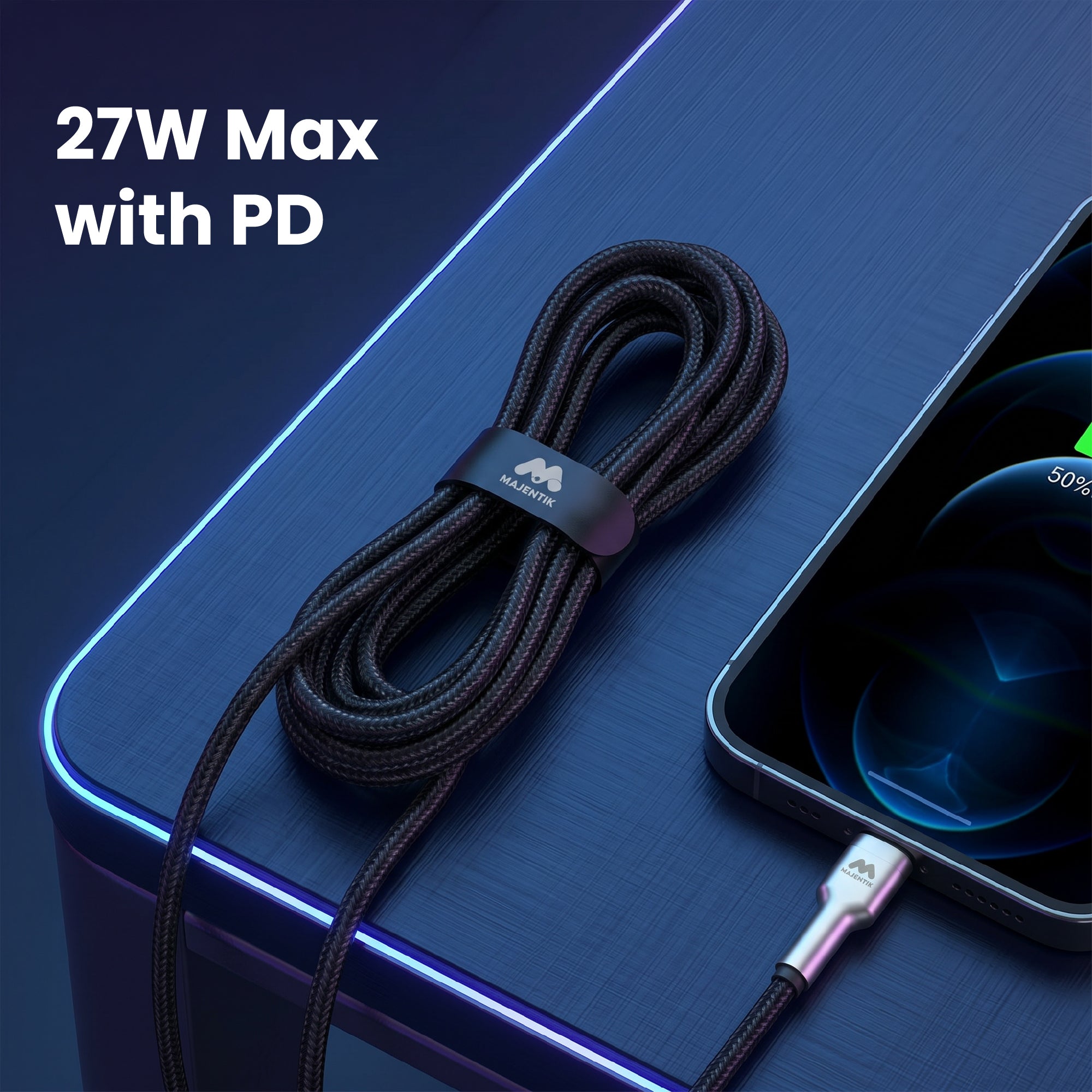 Cable Majentik CL010-L USB-C to Lightning Fast Charging Cable, 27W PD, 1 Meter Fabric Braided Cable with Full-Metal Connectors and Auto Power-Off - Black