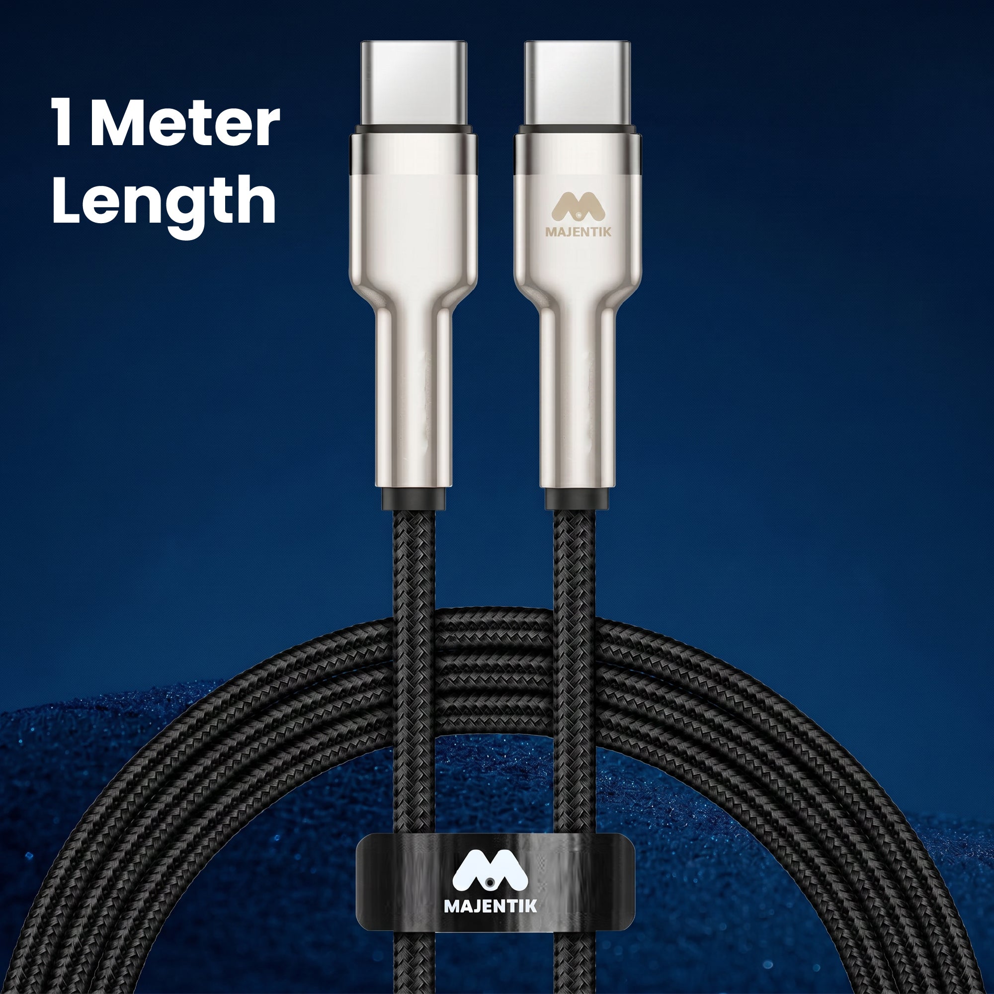 Cable Majentik CL010-C USB-C to USB-C, 60W PD Fast Charging, 1 Meter Fabric Braided Cable with Full-Metal Connectors with Auto Power-Off - Black