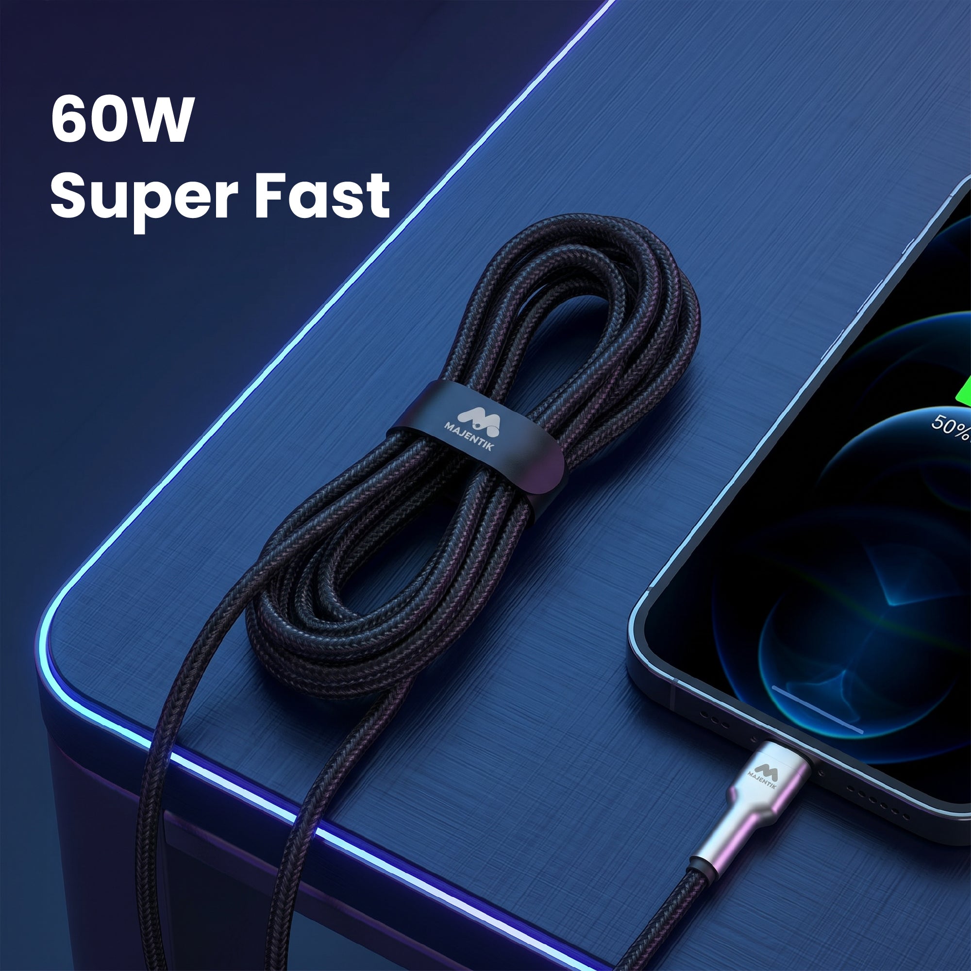 Cable Majentik CL010-C USB-C to USB-C, 60W PD Fast Charging, 1 Meter Fabric Braided Cable with Full-Metal Connectors with Auto Power-Off - Black