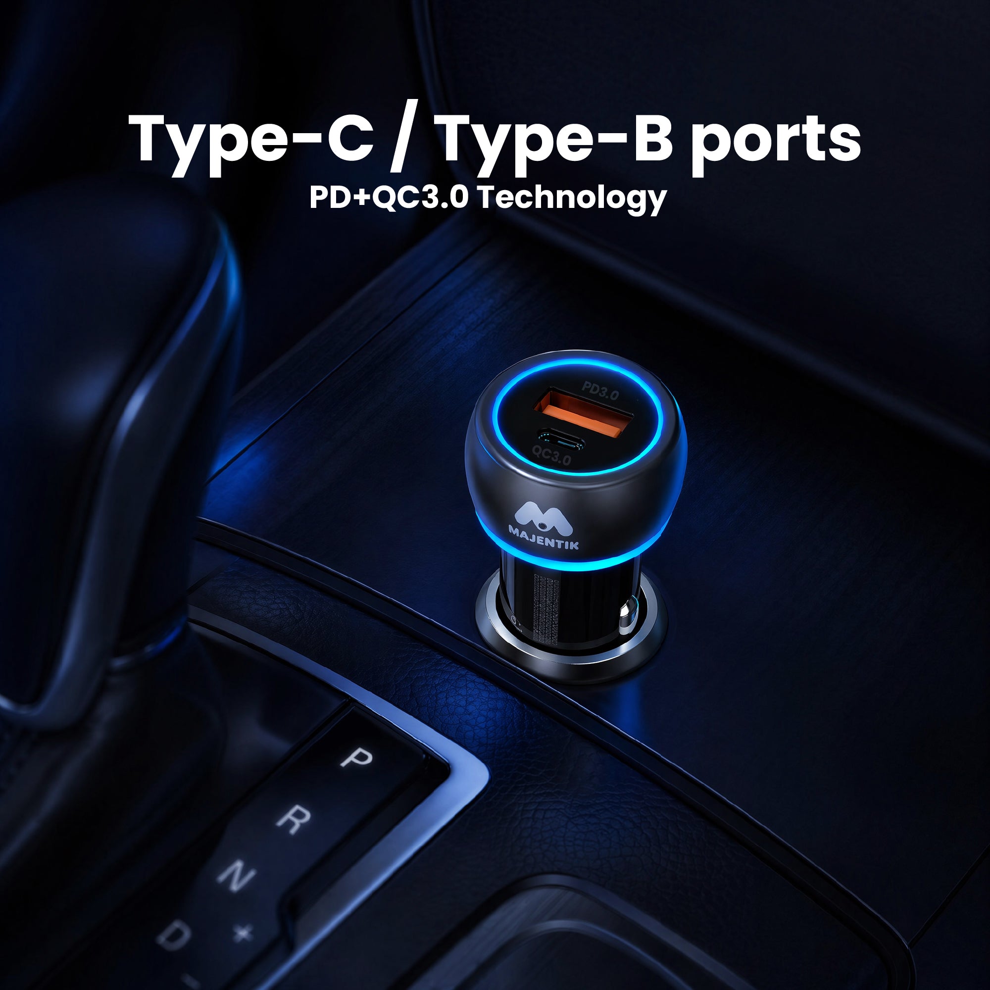 Car Charger Majentik M-CC01 60W Super Fast Charging, Dual USB-C & USB-A Ports, PD 3.0, QC 3.0, Smart Protection, LED Light, DC 12-24V - Black
