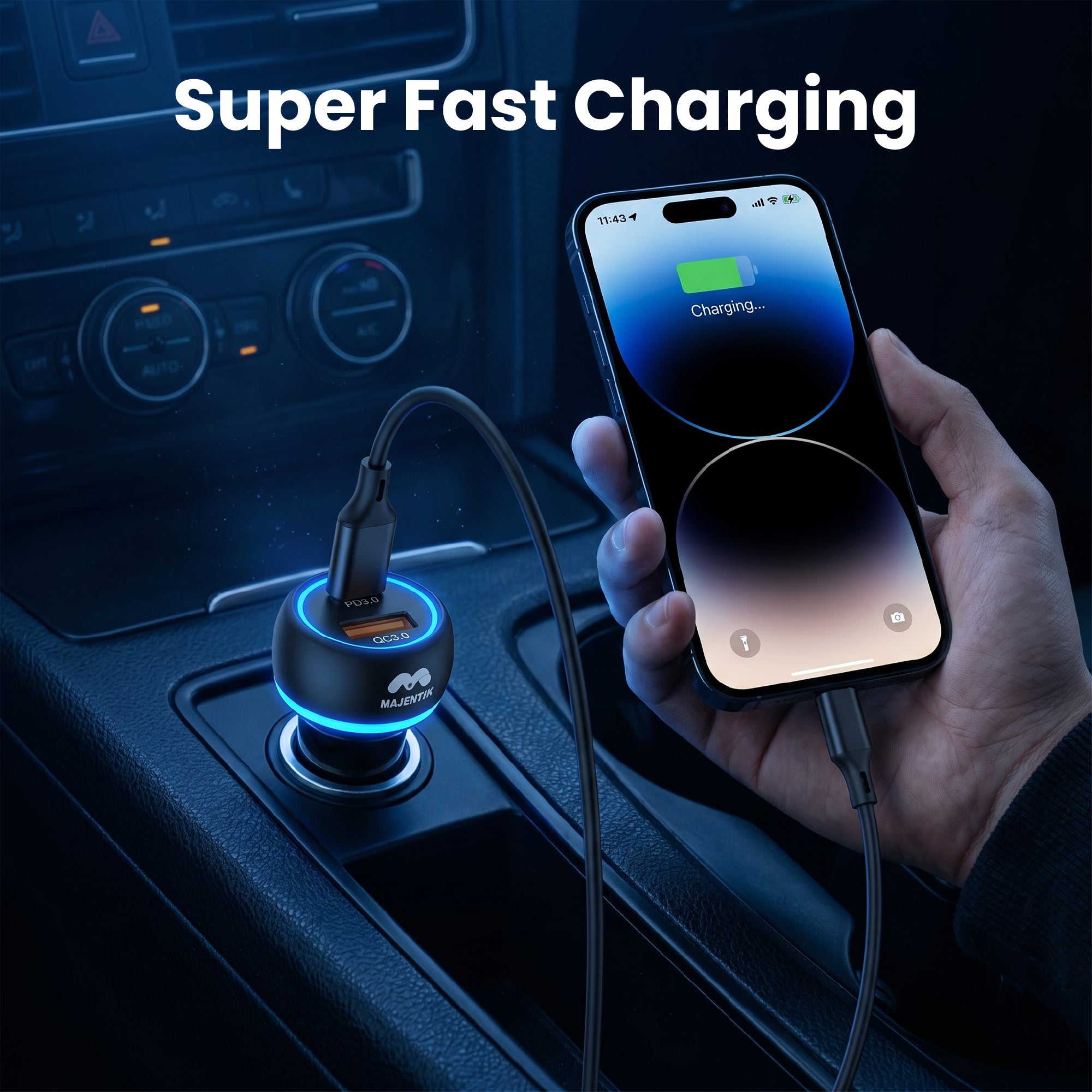 Car Charger Majentik M-CC01 60W Super Fast Charging, Dual USB-C & USB-A Ports, PD 3.0, QC 3.0, Smart Protection, LED Light, DC 12-24V - Black