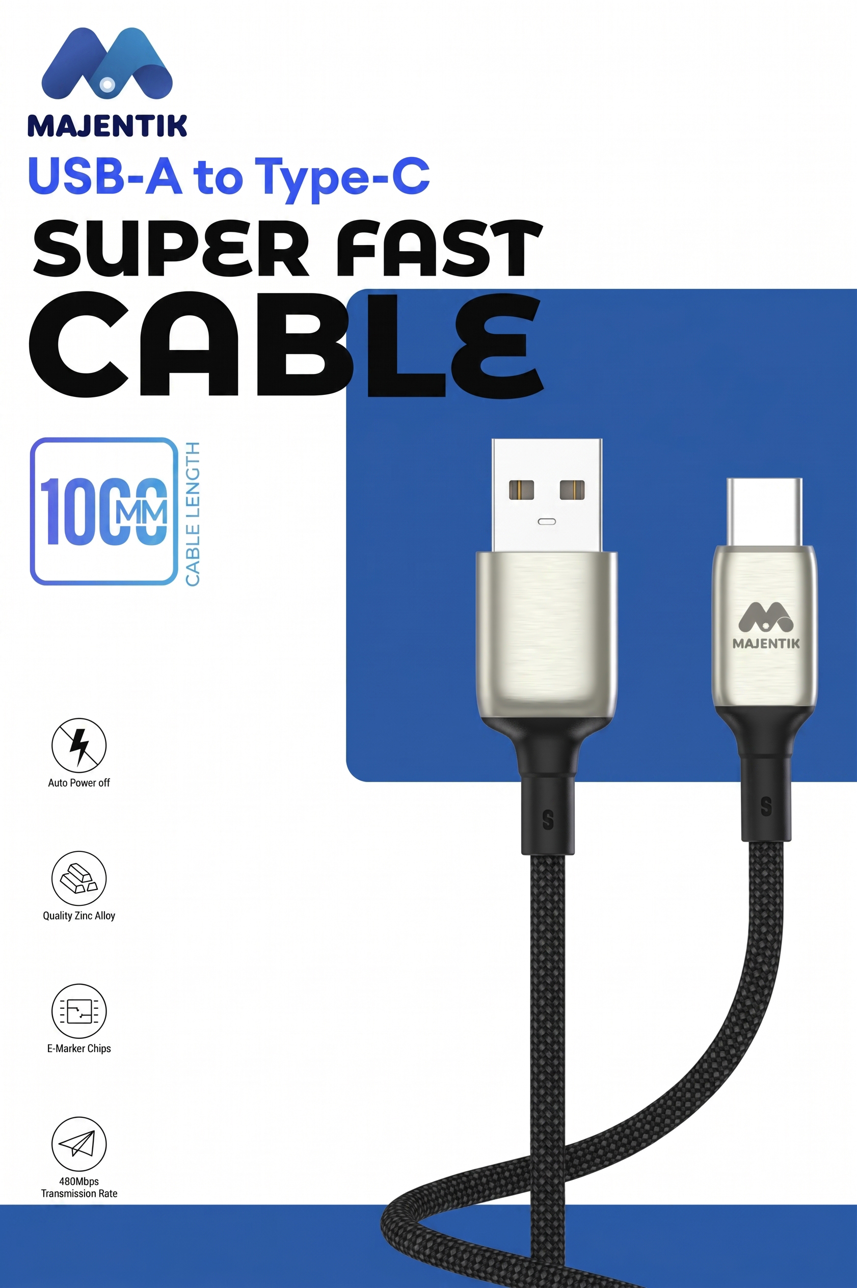 Cable Majentik CL022T USB-A to Type-C, 3A Fast Charging & 480Mbps Data Transfer, 1 Meter Braided Pure Copper Cable with Auto Power-Off - Black