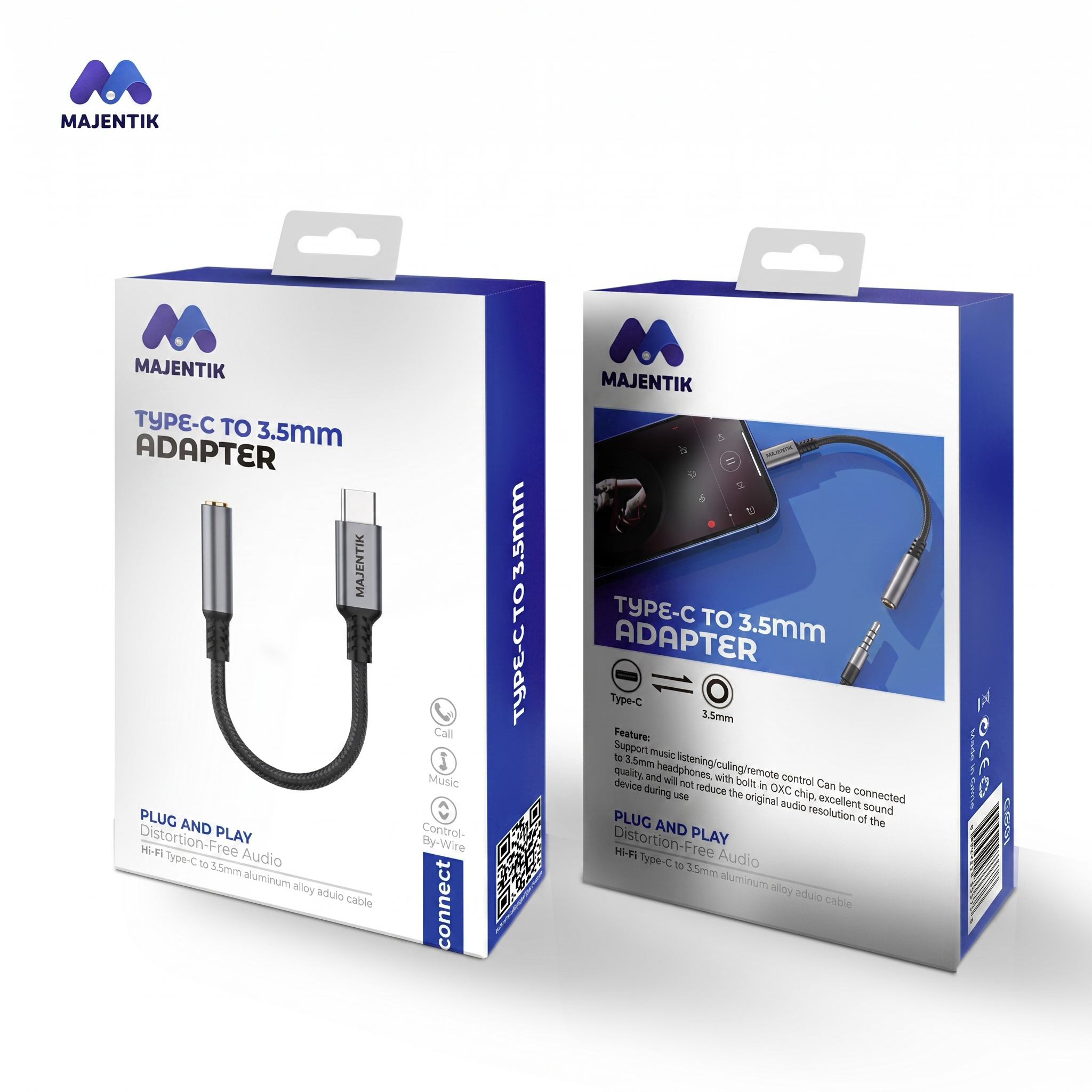 Majentik CC01 Type-C to 3.5mm Audio Adapter, Built-In DAC Chip, Hi-Fi Distortion-Free Audio, Call, Music & Remote Control Support, Plug & Play, Aluminum Alloy Braided Cable - Black