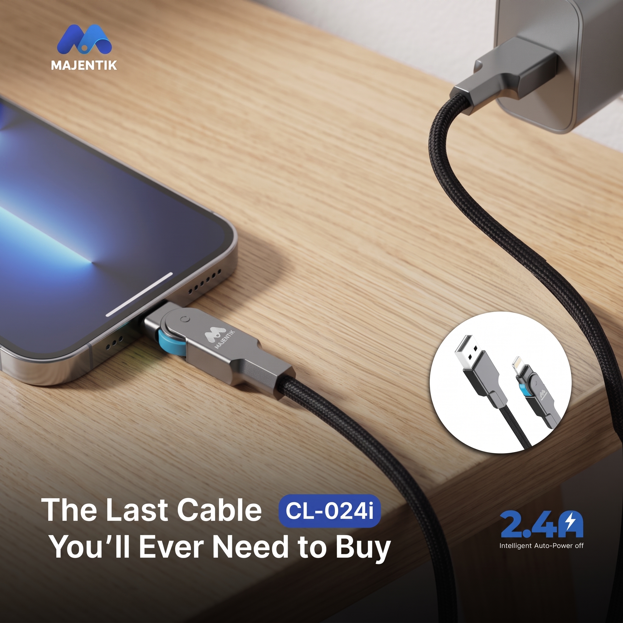 Cable Majentik CL-024i USB-A to Lightning 180° Flexible Super Fast Charging & Data Cable, 2.4A, 480Mbps, 1 Meter, Zinc Alloy Braided Cable - Black
