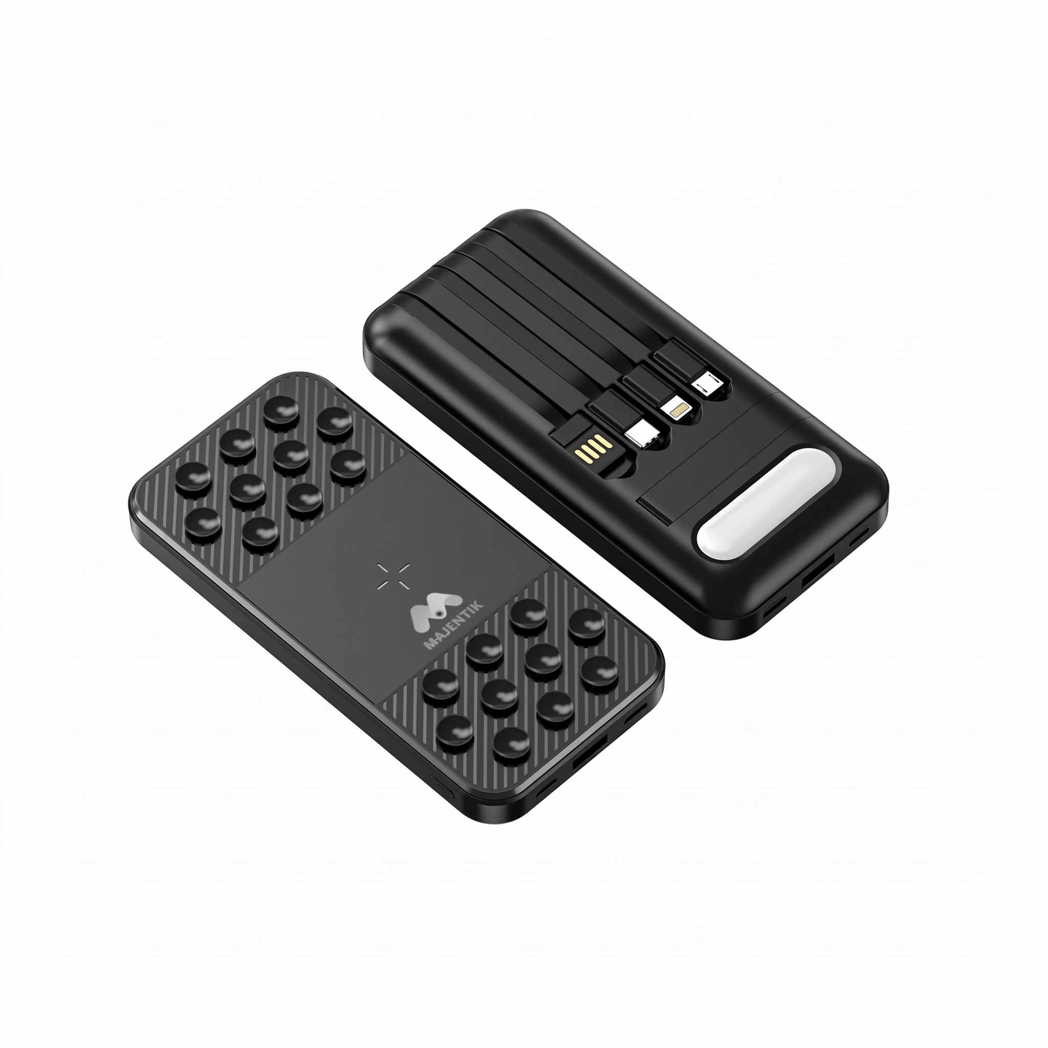Majentik MJ-32 10000mAh Power Bank with 4 Built-in Cables, Fast Charging, Charge 4 Devices Simultaneously, Suction Cup Phone Holder, LED Battery Display, Built-in Stand & LED Flashlight - Black