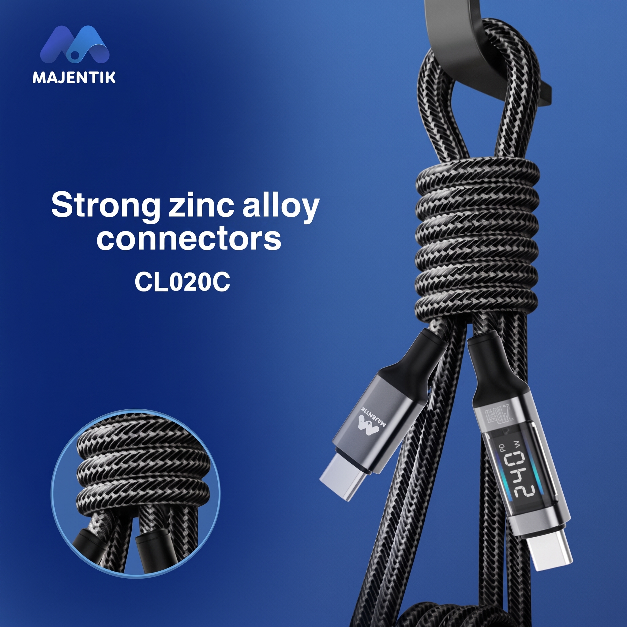 Cable Majentik CL020C USB-C to USB-C Super Fast Charging 240W, Real-Time Digital Power Display, 480Mbps Data Transfer, 1M Braided Cable - Black