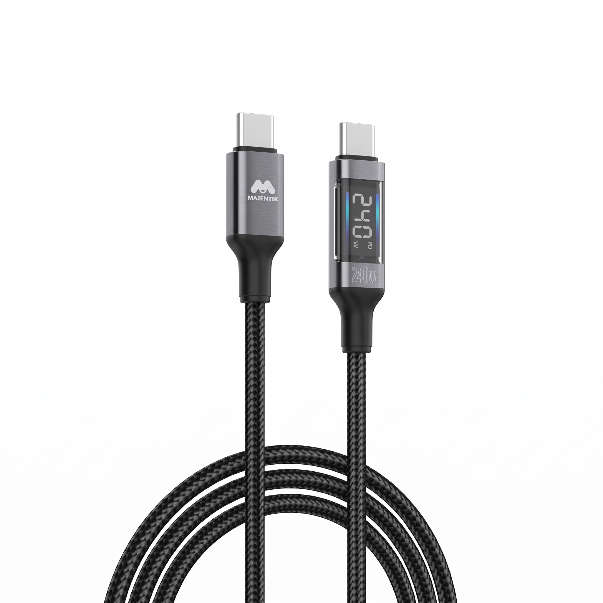 Cable Majentik CL020C USB-C to USB-C Super Fast Charging 240W, Real-Time Digital Power Display, 480Mbps Data Transfer, 1M Braided Cable - Black