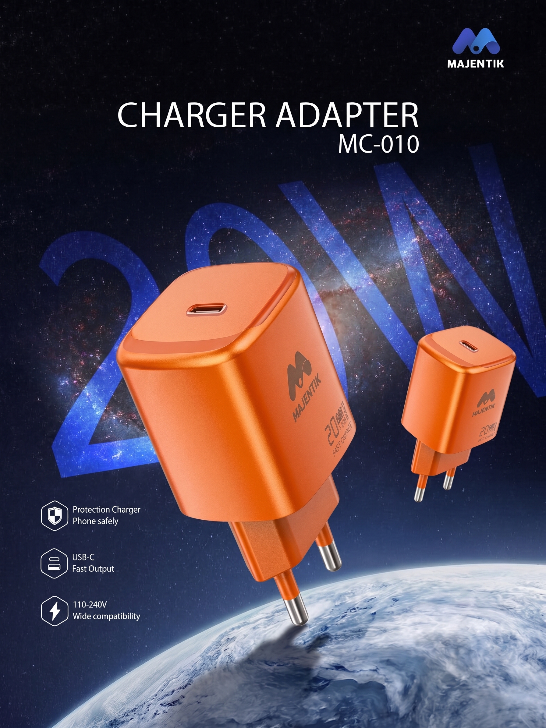 Majentik MC-010 20W GaN USB-C Fast Charger | Compact Travel-Friendly, PD & PPS Fast Charging, for iPhone 17/16/15, Galaxy S26/S25, Pixel 10/9, iPad, Tablets, Phones - Orange