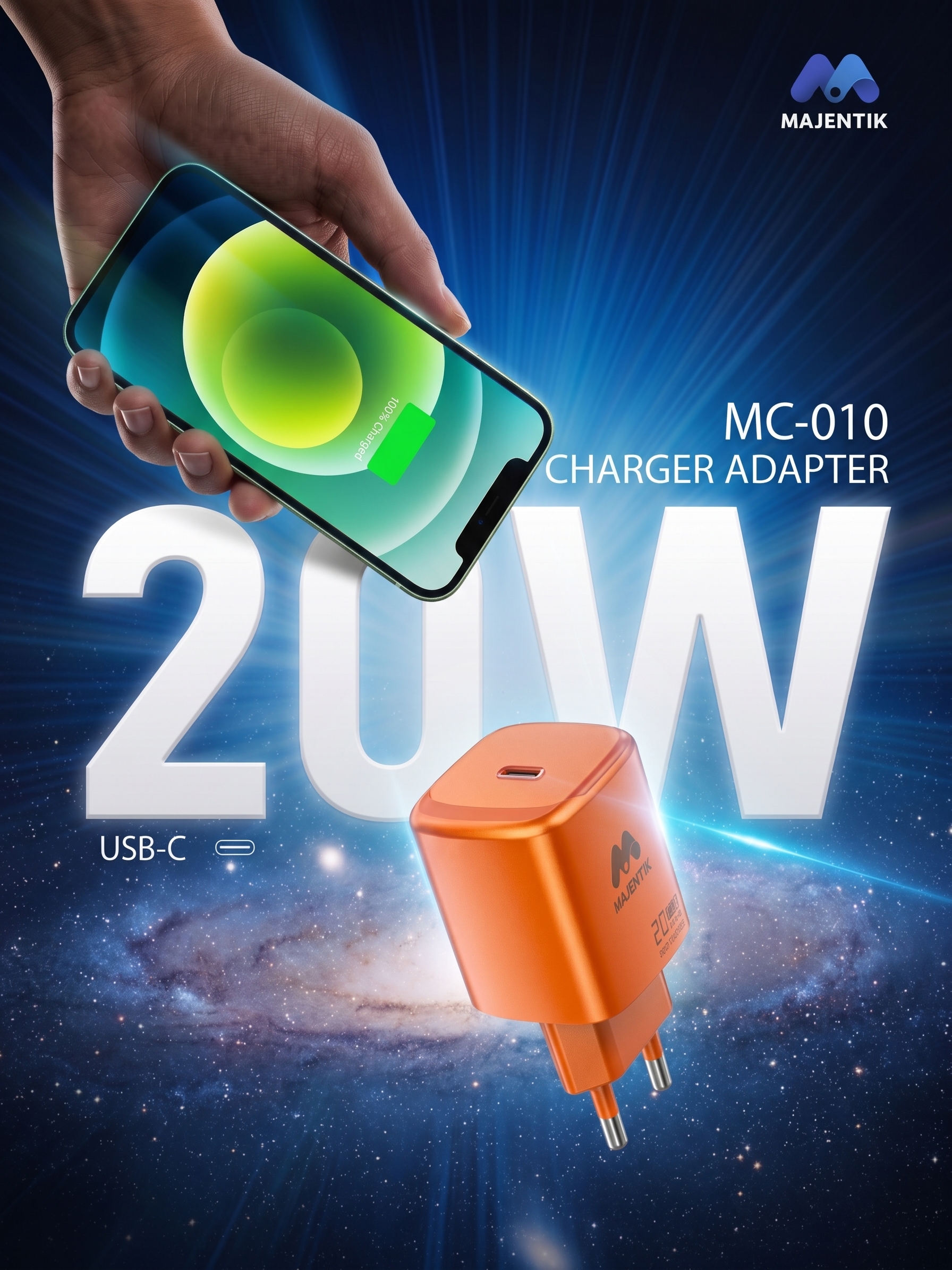 Majentik MC-010 20W GaN USB-C Fast Charger | Compact Travel-Friendly, PD & PPS Fast Charging, for iPhone 17/16/15, Galaxy S26/S25, Pixel 10/9, iPad, Tablets, Phones - Orange