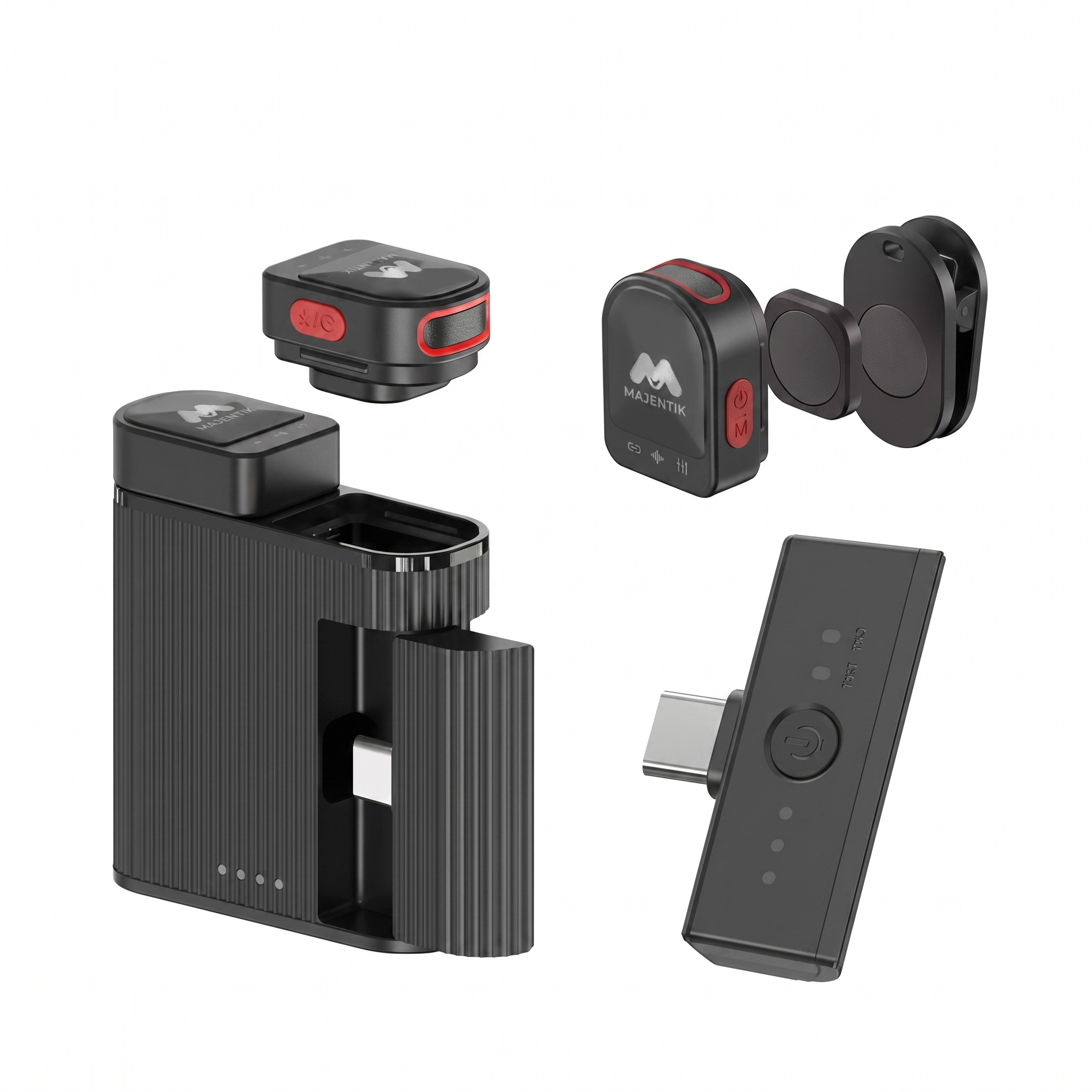 Majentik MM-001 2-in-1 Magnetic Wireless Microphone, 2 Microphones, 2.4GHz, Type-C & iOS Lightning Dual Receiver, 100m Range, Noise Reduction, Volume & Reverb Control - Black