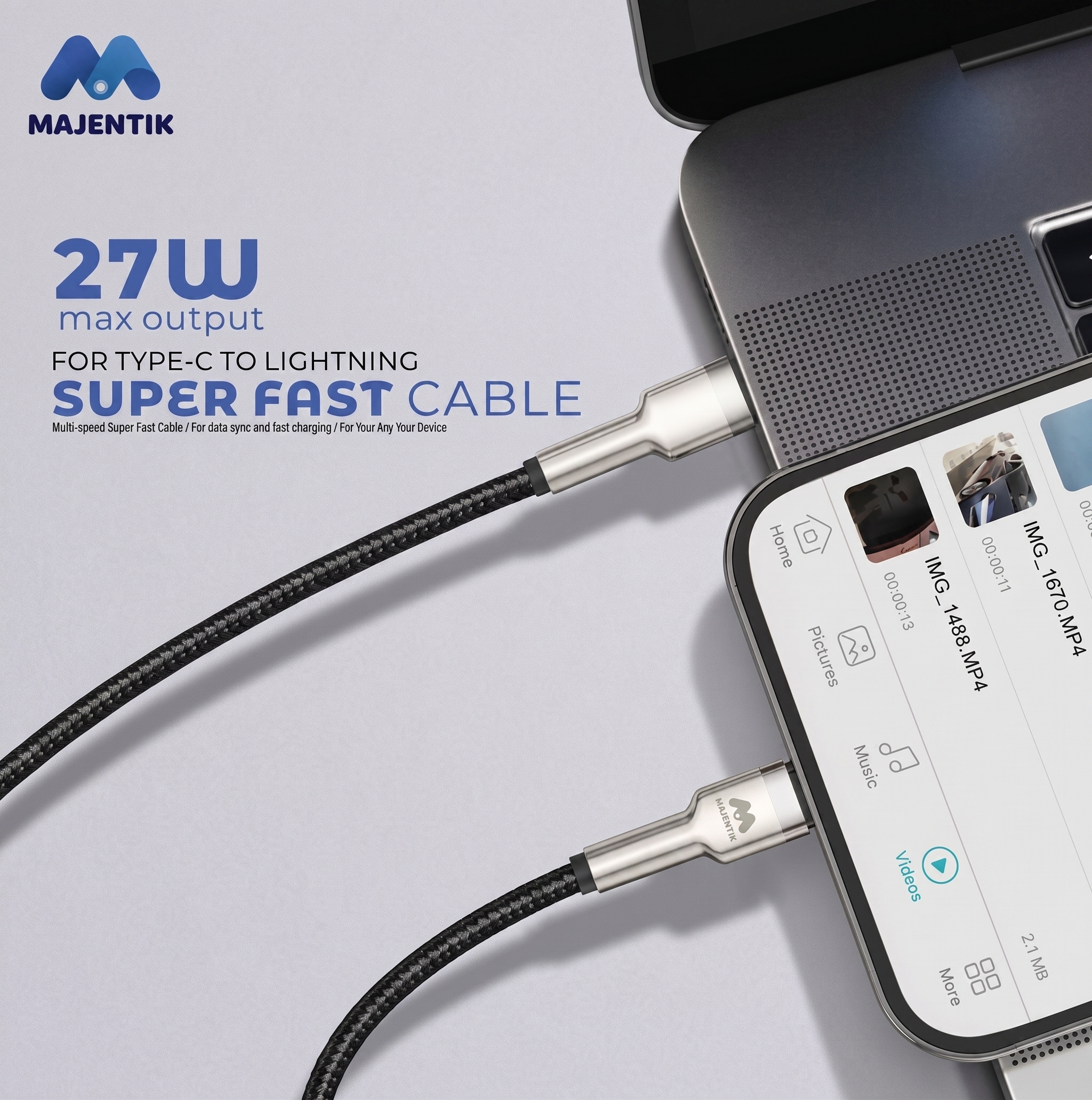 Majentik CL013-L Type-C to Lightning 27W PD Fast Charging Cable, 2 Meter Fabric Braided Cable with Full-Metal Connectors and Auto Power-Off - Black