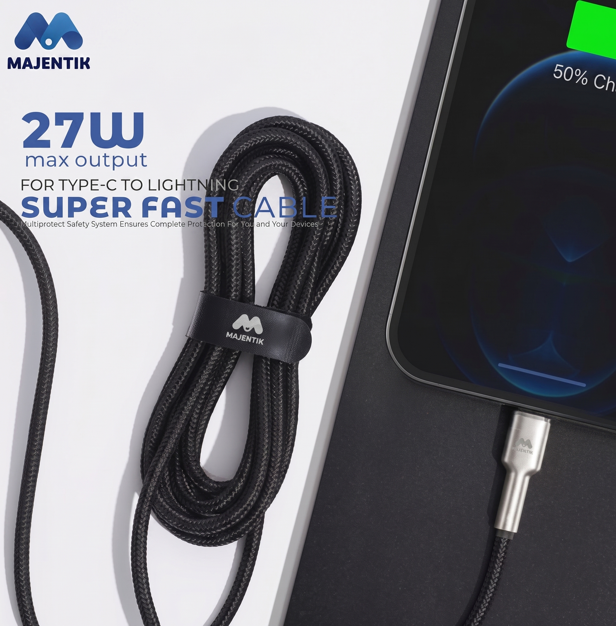 Majentik CL013-L Type-C to Lightning 27W PD Fast Charging Cable, 2 Meter Fabric Braided Cable with Full-Metal Connectors and Auto Power-Off - Black