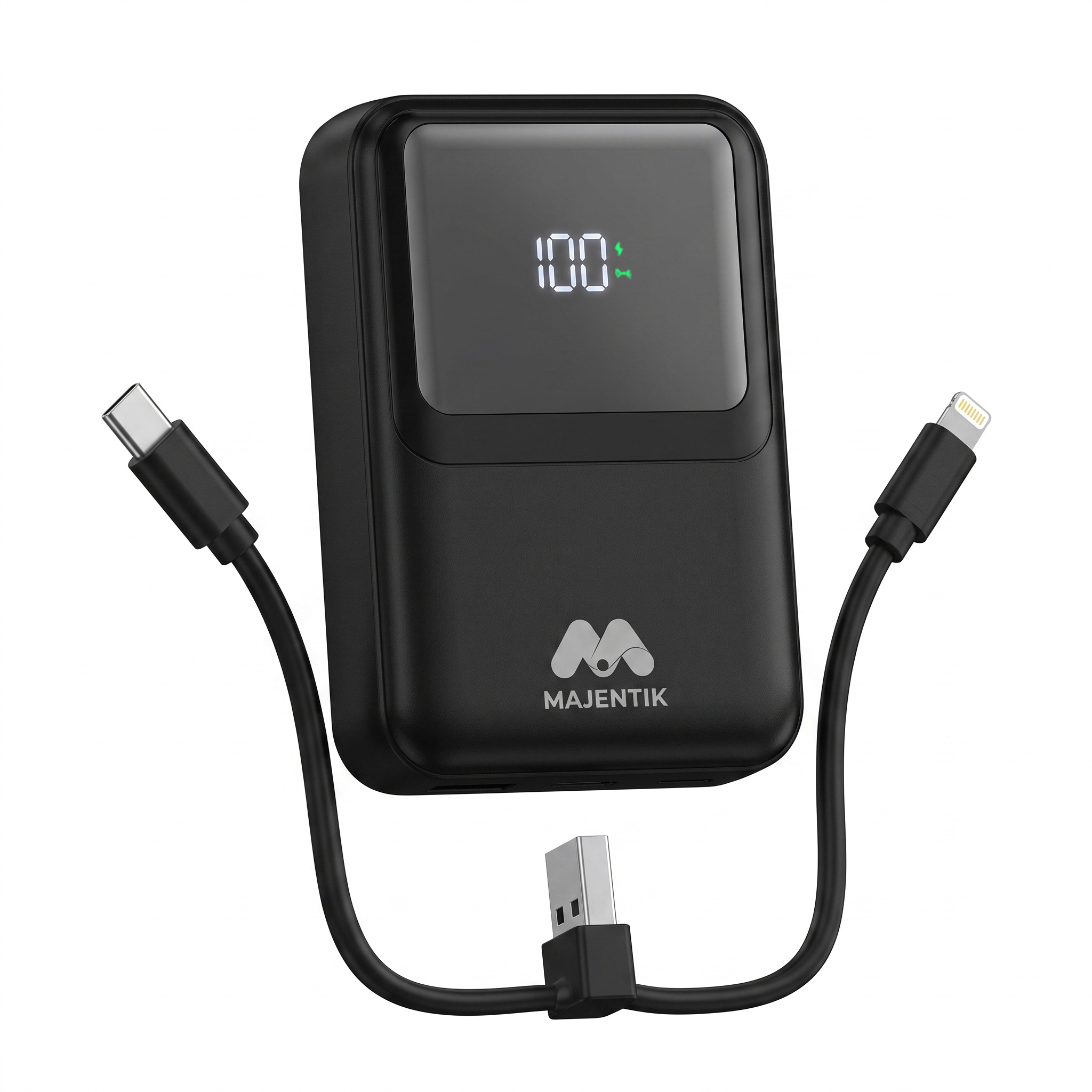 Majentik MJ-28 10000mAh Magnetic Power Bank, 22.5W Fast Charging, 15W Wireless Charging, PD 20W, Built-In Type-C & Lightning Cables, Digital Display, Watch Charging, Compatible with MagSafe - Black