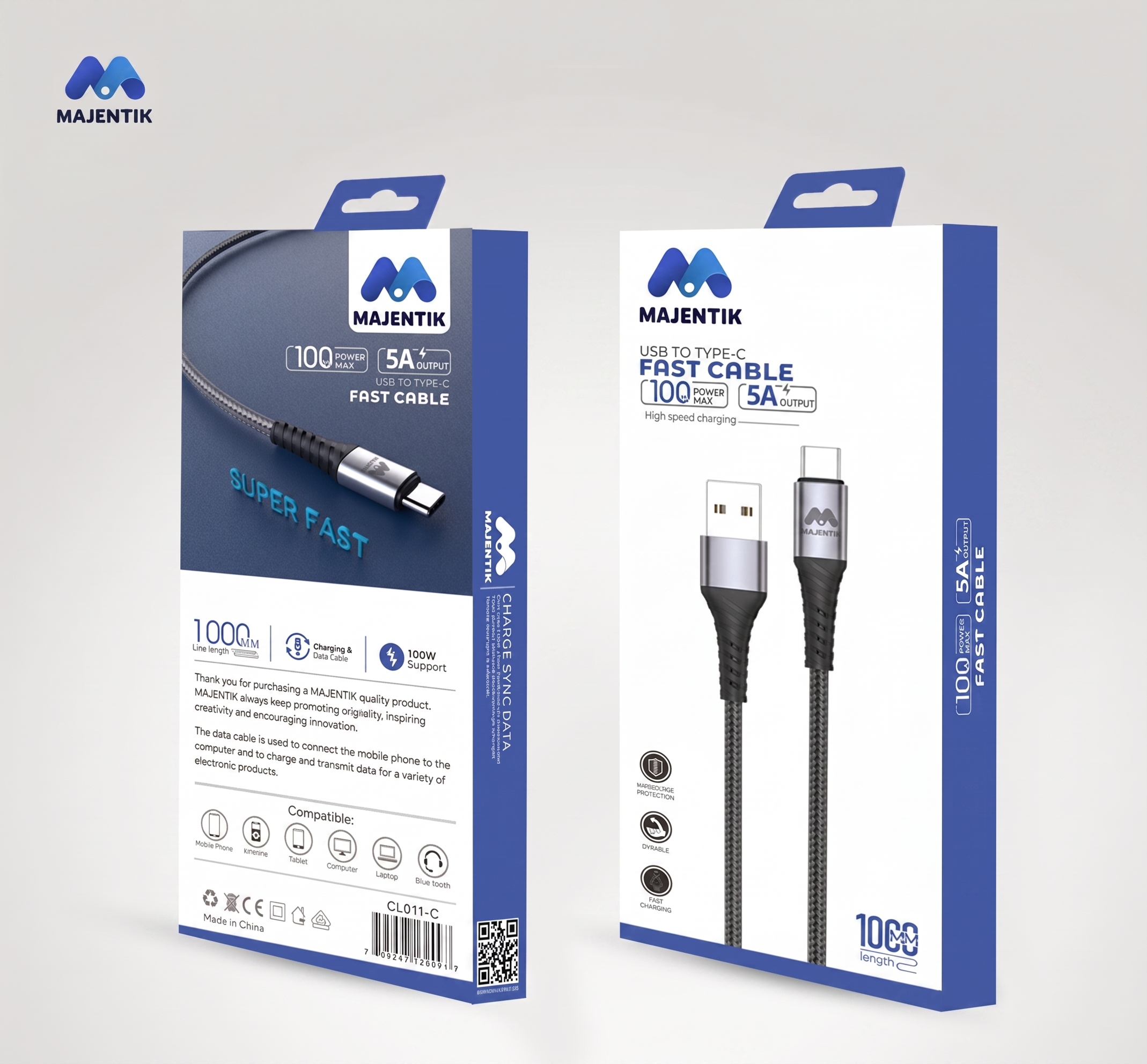 Cable Majentik CL011-C USB-A to USB-C Fast Charging, 100W, 5A, 1 Meter Fabric Braided Cable with Metal Connectors - Black