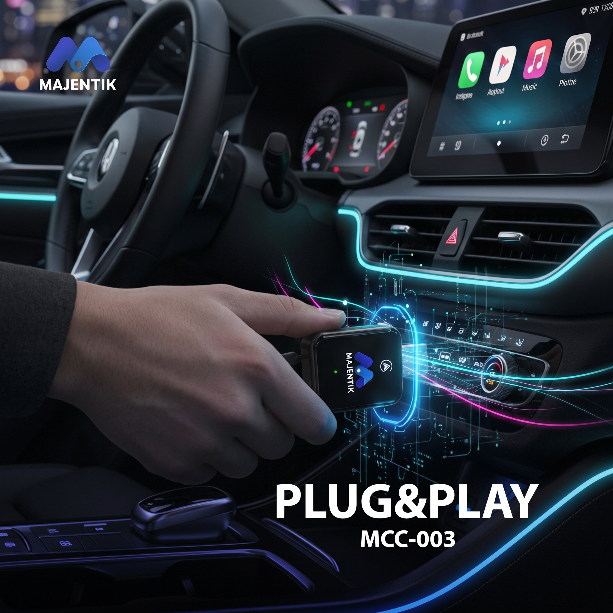 Majentik Wireless Car Adapter MCC-003 for Wired CarPlay & Android Auto, Plug & Play, Music, Navigation, Calls, Messaging & Voice Control - Black