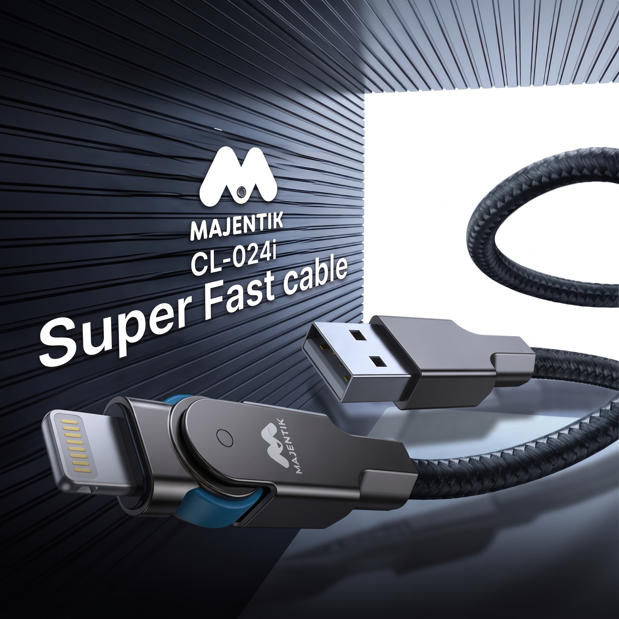 Cable Majentik CL-024i USB-A to Lightning 180° Flexible Super Fast Charging & Data Cable, 2.4A, 480Mbps, 1 Meter, Zinc Alloy Braided Cable - Black