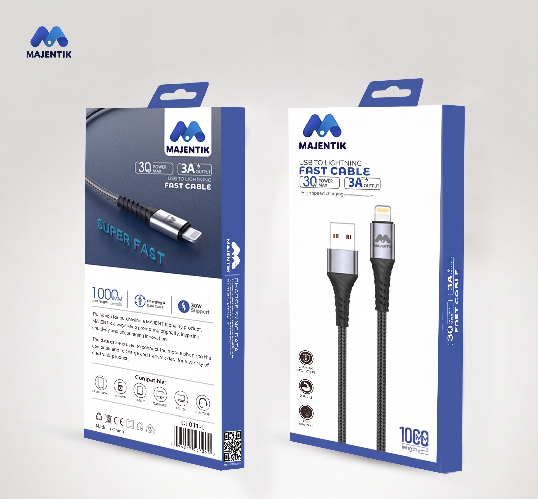 Cable Majentik CL011-L USB-A to Lightning, 30W Fast Charging, 3A, 1 Meter Fabric Braided Cable with Metal Connectors - Black