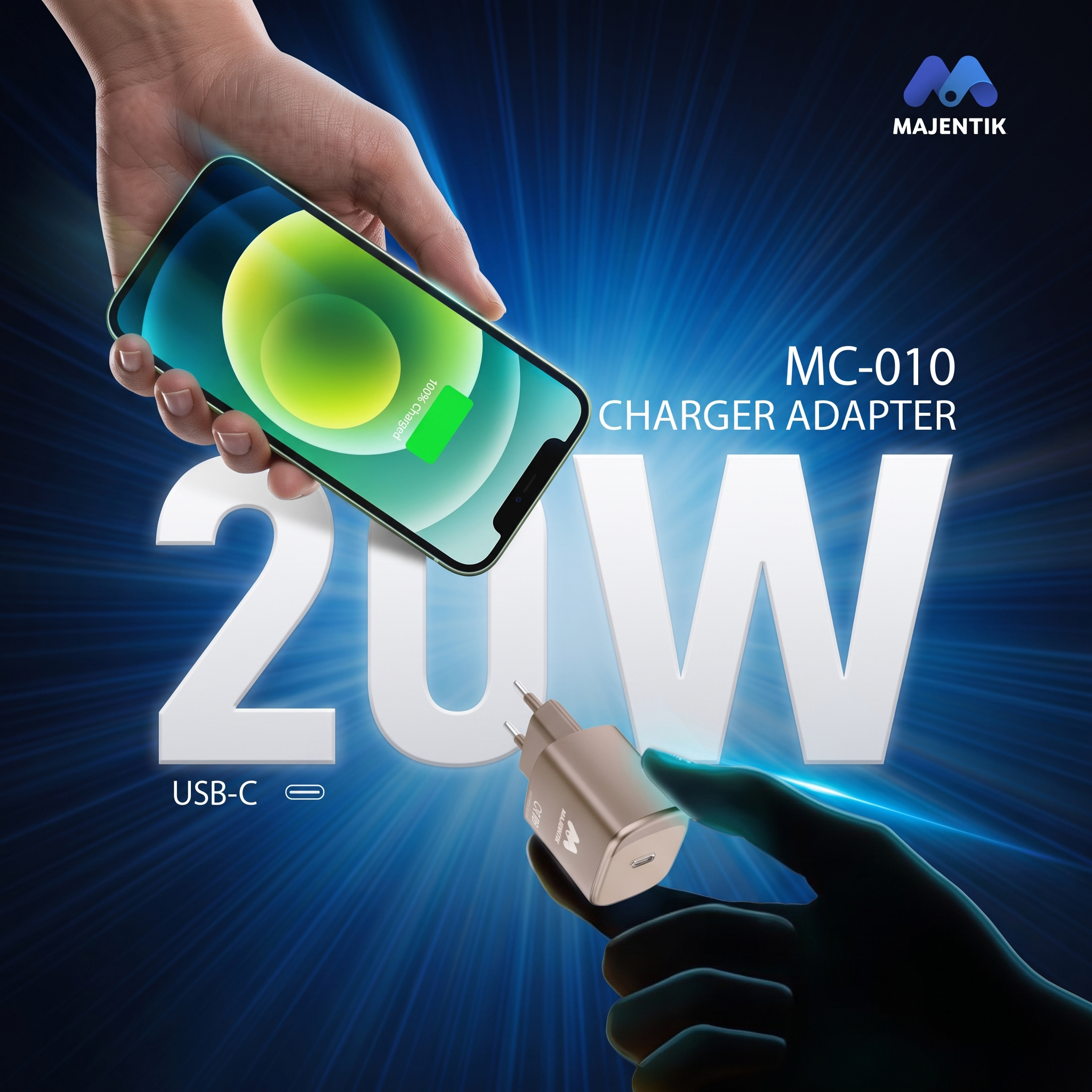 Majentik MC-010 20W GaN USB-C Fast Charger | Compact Travel-Friendly, PD & PPS Fast Charging, for iPhone 17/16/15, Galaxy S26/S25, Pixel 10/9, iPad, Tablets, Phones - Champagne