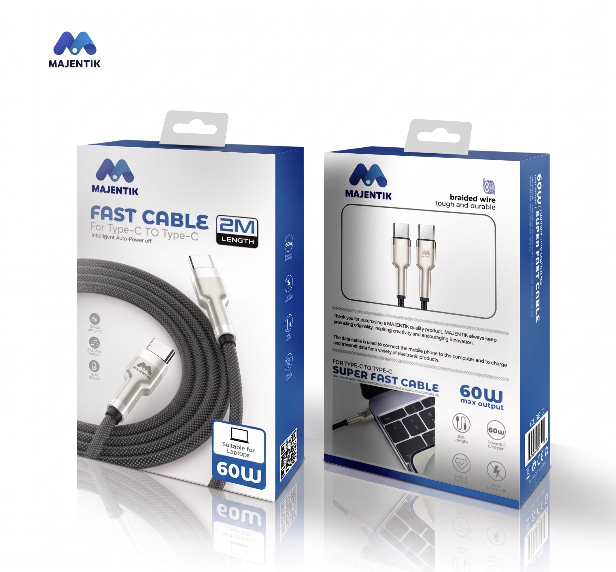 Cable Majentik CL013-C USB-C to USB-C, 60W PD Fast Charging, 2 Meter Fabric Braided Cable with Full-Metal Connectors with Auto Power-Off - Black
