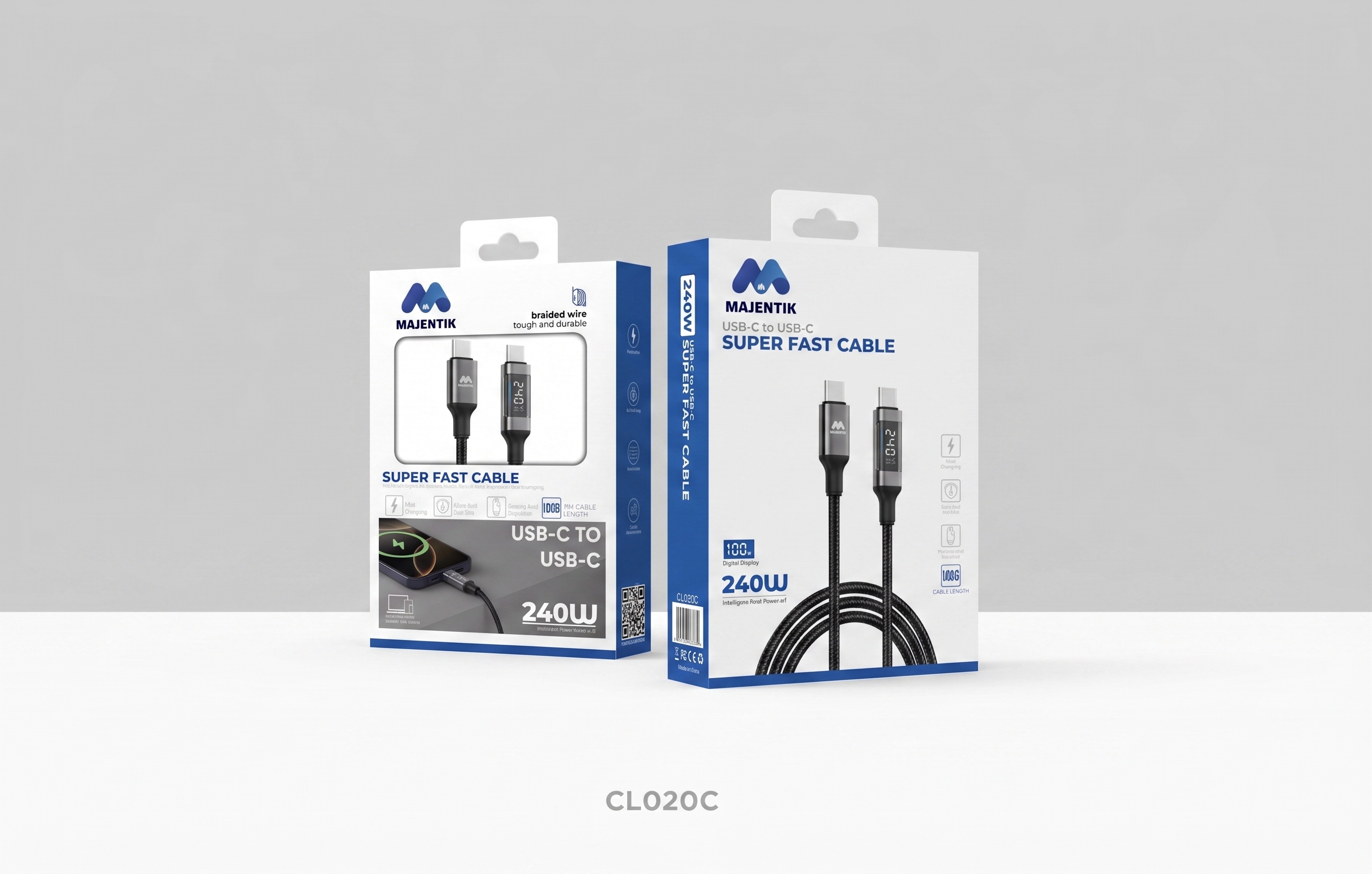 Cable Majentik CL020C USB-C to USB-C Super Fast Charging 240W, Real-Time Digital Power Display, 480Mbps Data Transfer, 1M Braided Cable - Black