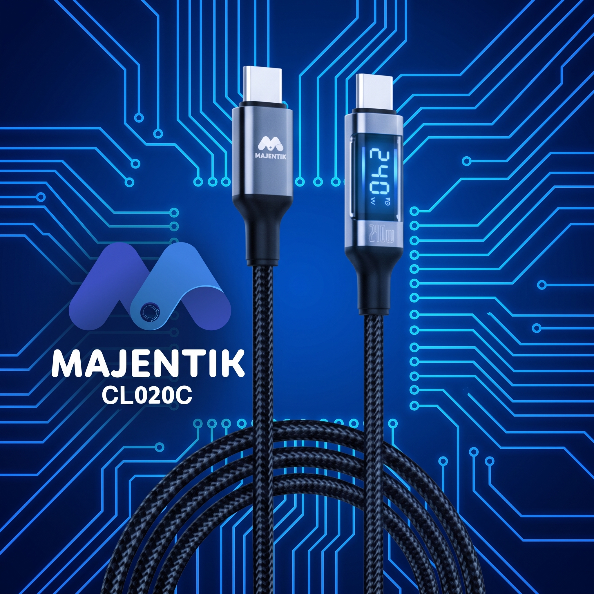 Cable Majentik CL020C USB-C to USB-C Super Fast Charging 240W, Real-Time Digital Power Display, 480Mbps Data Transfer, 1M Braided Cable - Black
