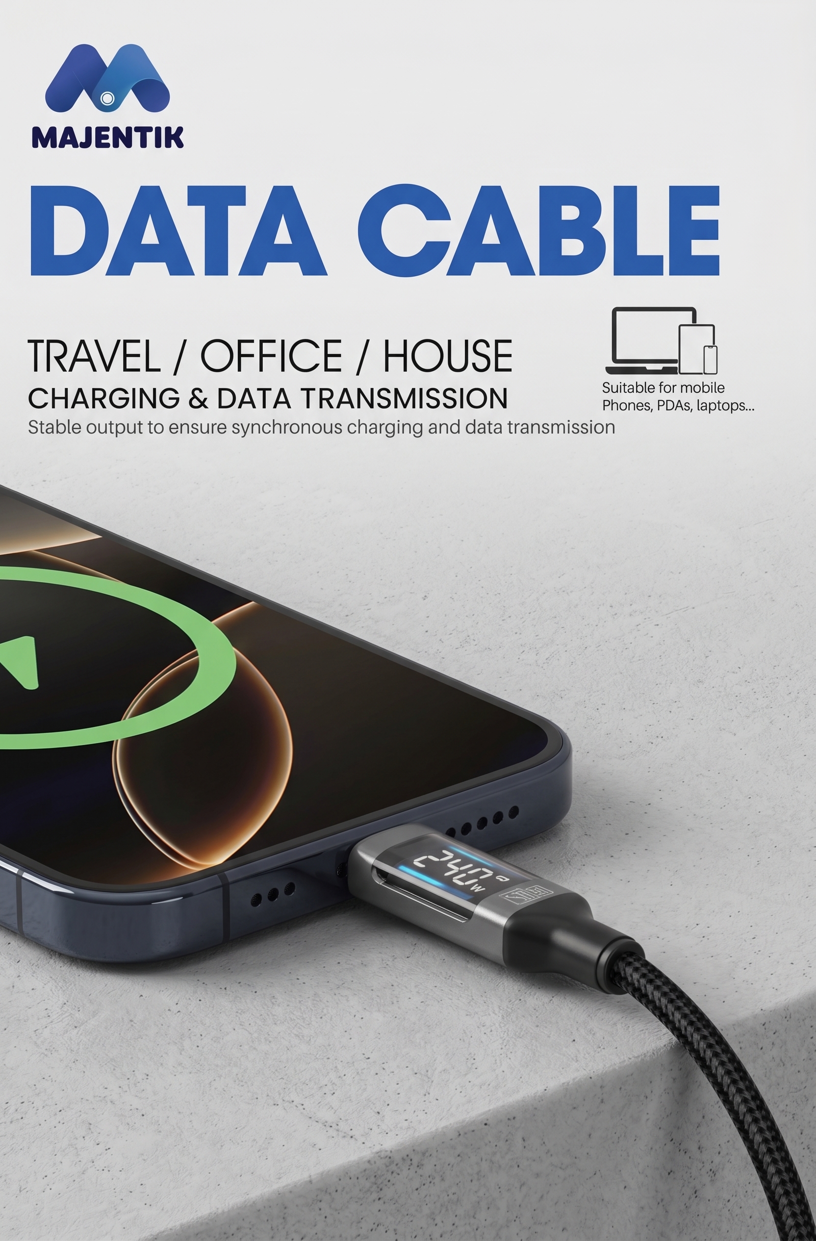 Cable Majentik CL020C USB-C to USB-C Super Fast Charging 240W, Real-Time Digital Power Display, 480Mbps Data Transfer, 1M Braided Cable - Black