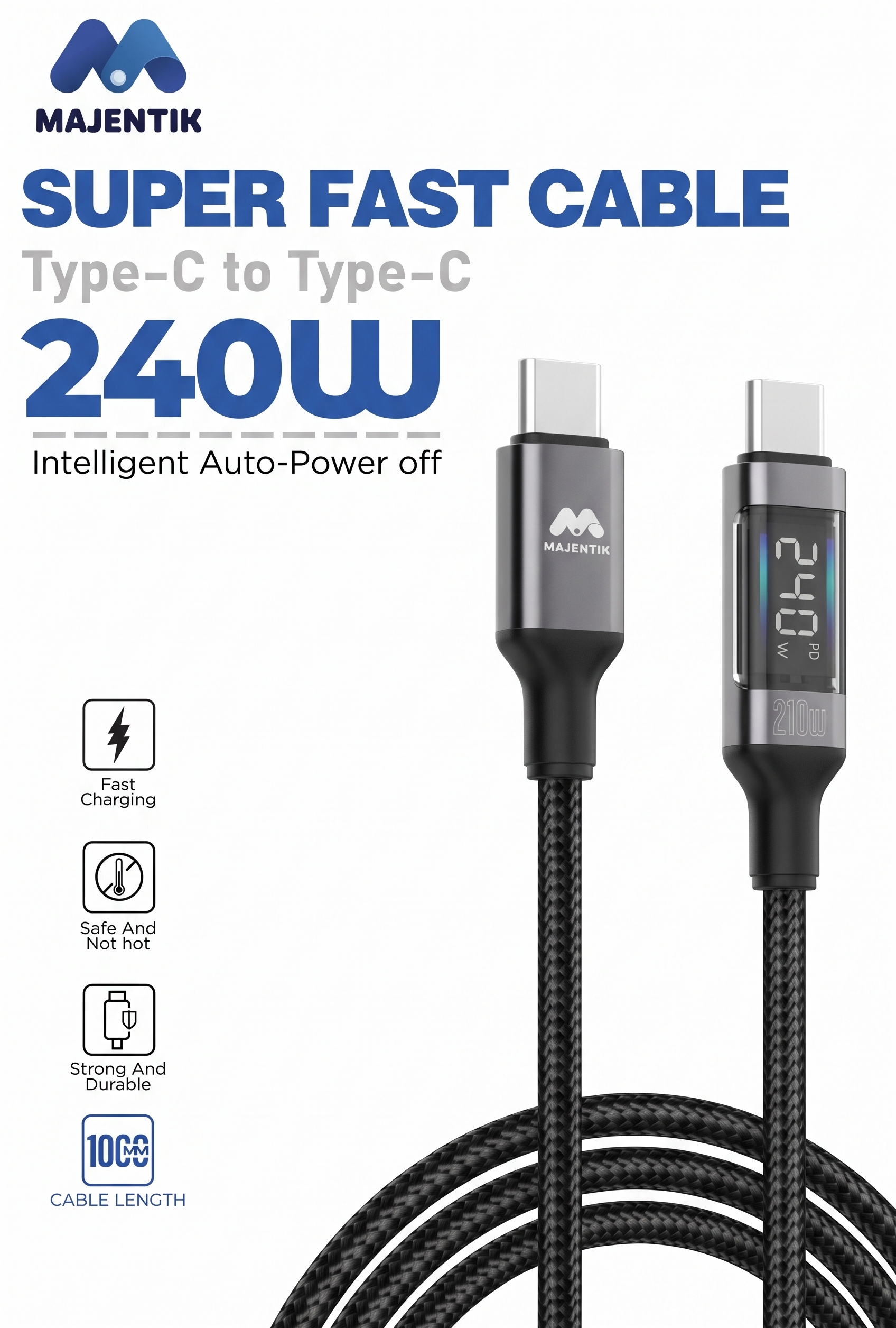 Cable Majentik CL020C USB-C to USB-C Super Fast Charging 240W, Real-Time Digital Power Display, 480Mbps Data Transfer, 1M Braided Cable - Black