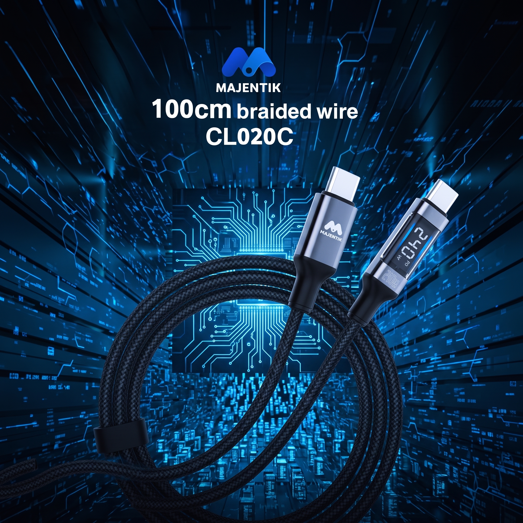 Cable Majentik CL020C USB-C to USB-C Super Fast Charging 240W, Real-Time Digital Power Display, 480Mbps Data Transfer, 1M Braided Cable - Black