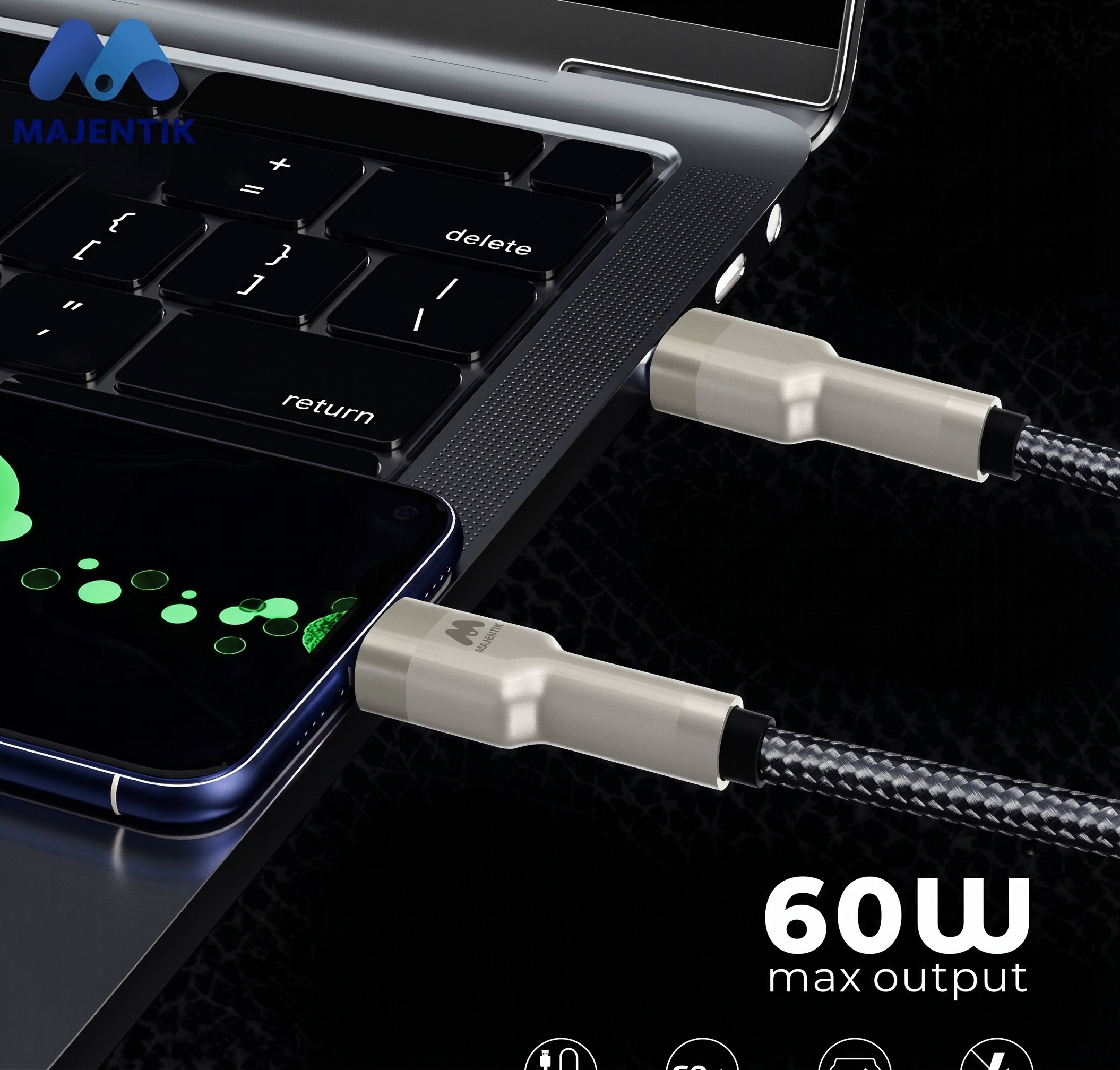 Cable Majentik CL013-C USB-C to USB-C, 60W PD Fast Charging, 2 Meter Fabric Braided Cable with Full-Metal Connectors with Auto Power-Off - Black