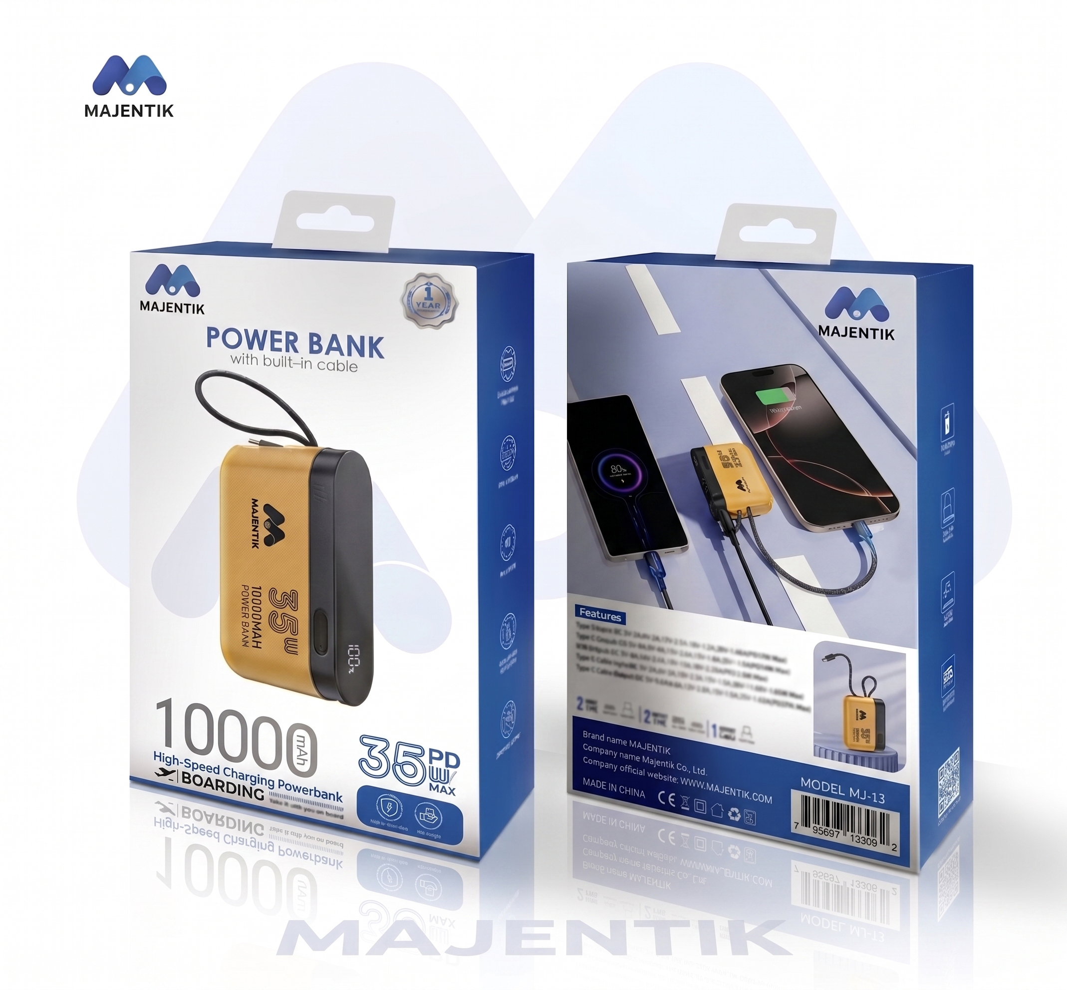 Majentik MJ-13 10000mAh Power Bank, 35W PD Fast Charging, Built-in USB-C Cable, USB-C & USB-A Ports, Smart LED Percentage Display, Compact-Friendly Design - Black