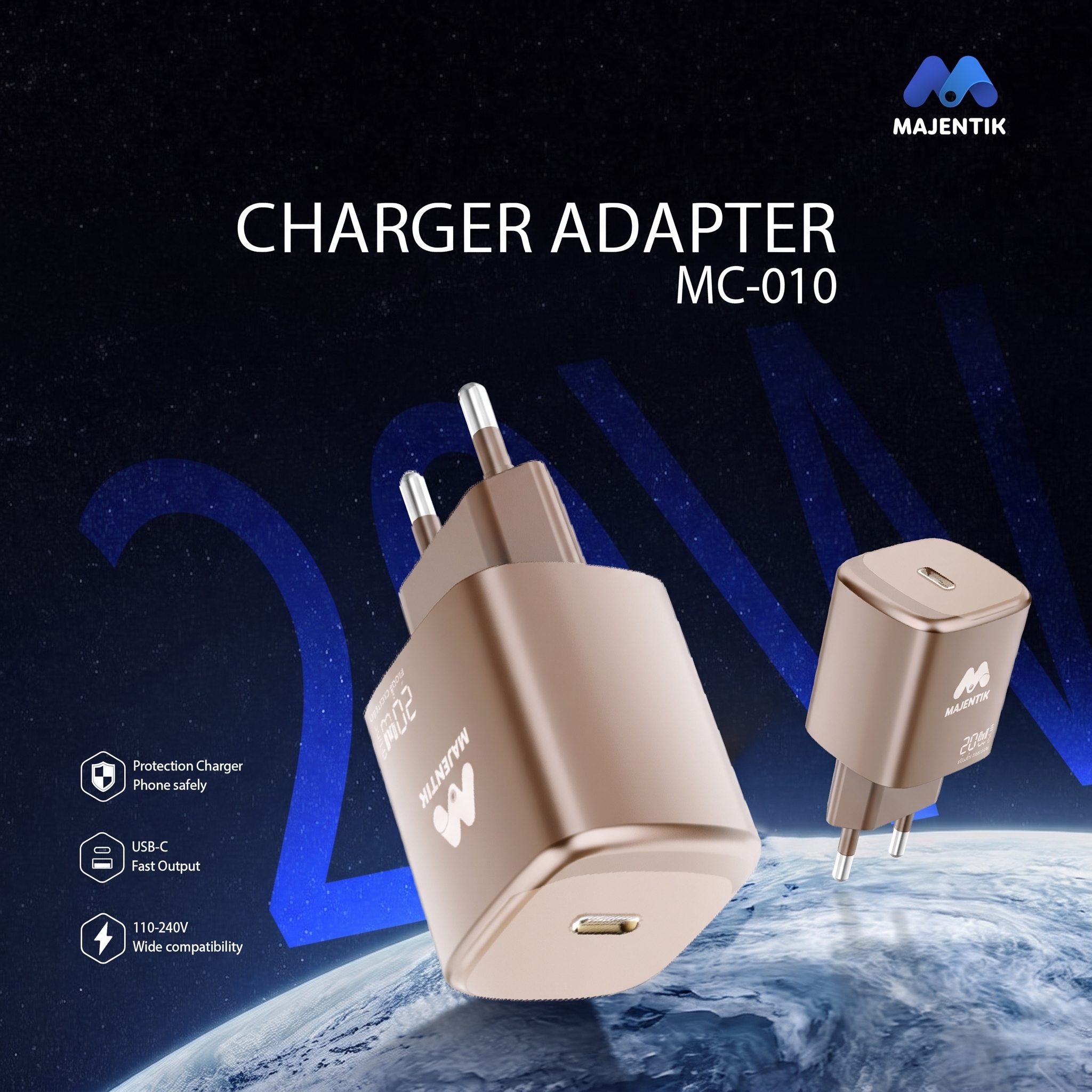 Majentik MC-010 20W GaN USB-C Fast Charger | Compact Travel-Friendly, PD & PPS Fast Charging, for iPhone 17/16/15, Galaxy S26/S25, Pixel 10/9, iPad, Tablets, Phones - Champagne