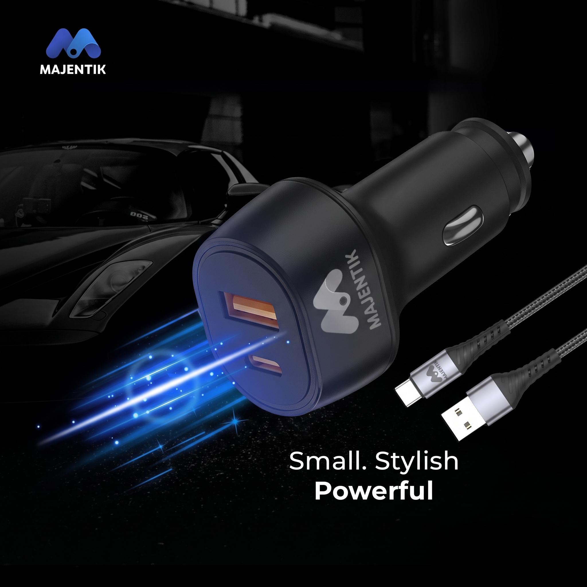 Majentik M-CC02 48W Car Charger, Dual USB-C & USB-A Fast Charging, PD3.0, PPS, QC3.0, Includes USB-A to USB-C Fast Charging Data Cable - Black