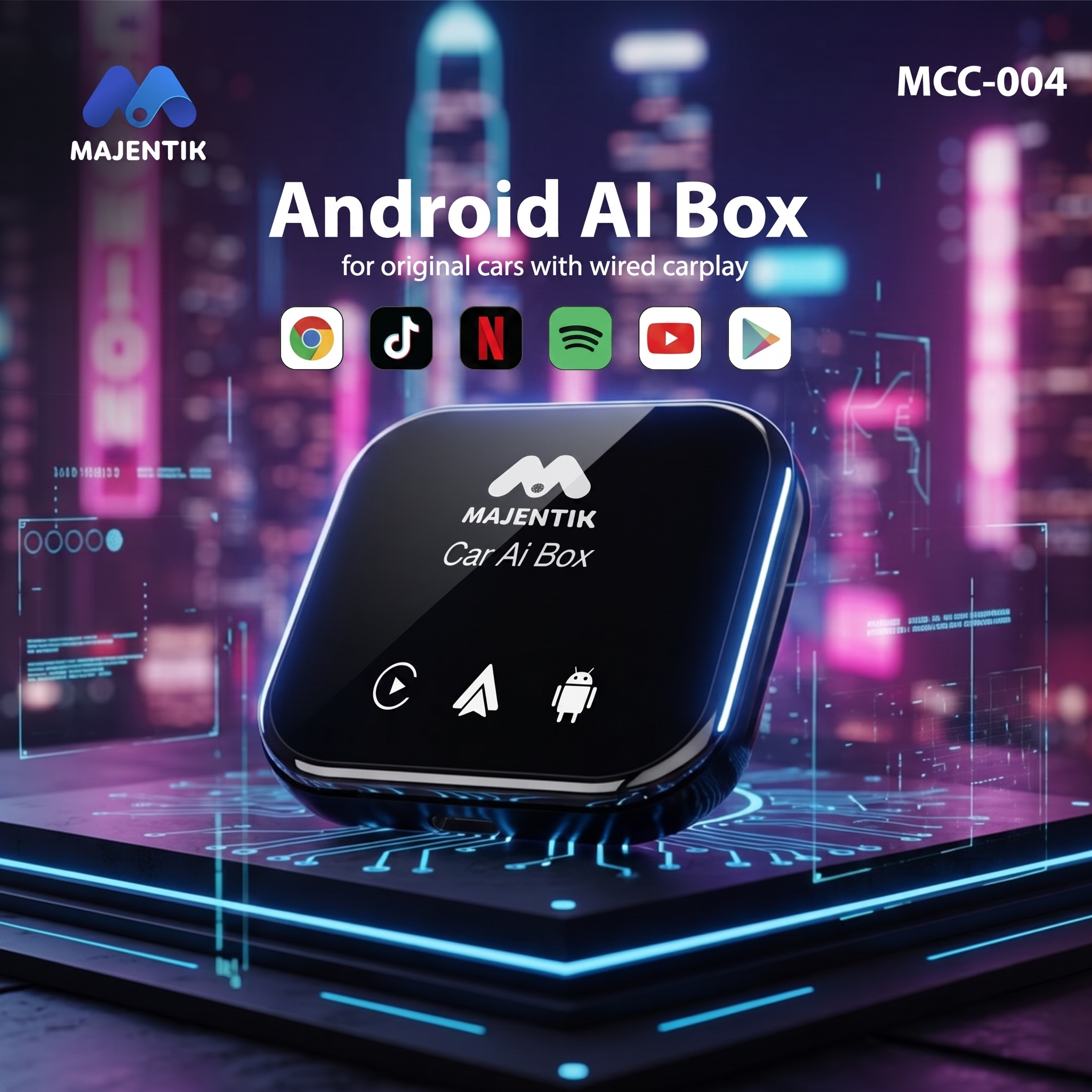 Majentik Car AI Box MCC-004 for Wired CarPlay & Android Auto, Full Android Multimedia Streaming Box with Navigation, Video, Music, Calls, Voice Control & TF/microSD Support - Black