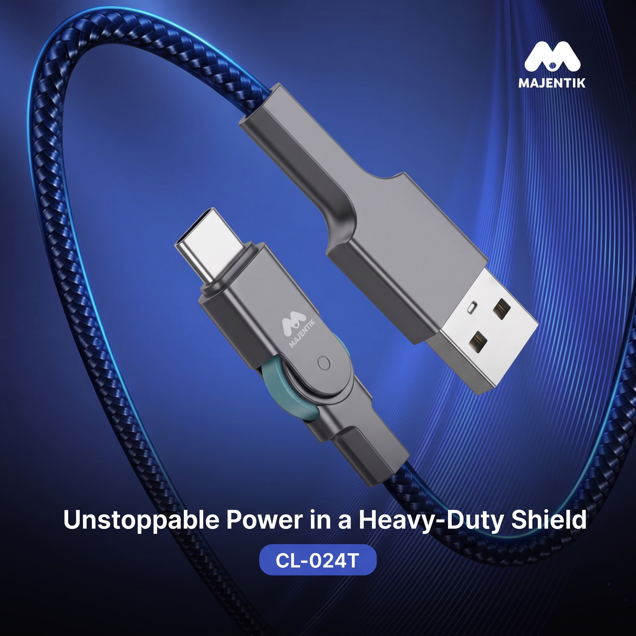Cable Majentik CL-024T USB-A to USB-C Super Fast Charging & Data Cable, 3A, 180° Rotating Connector, 1M Braided Cable, 480Mbps - Black