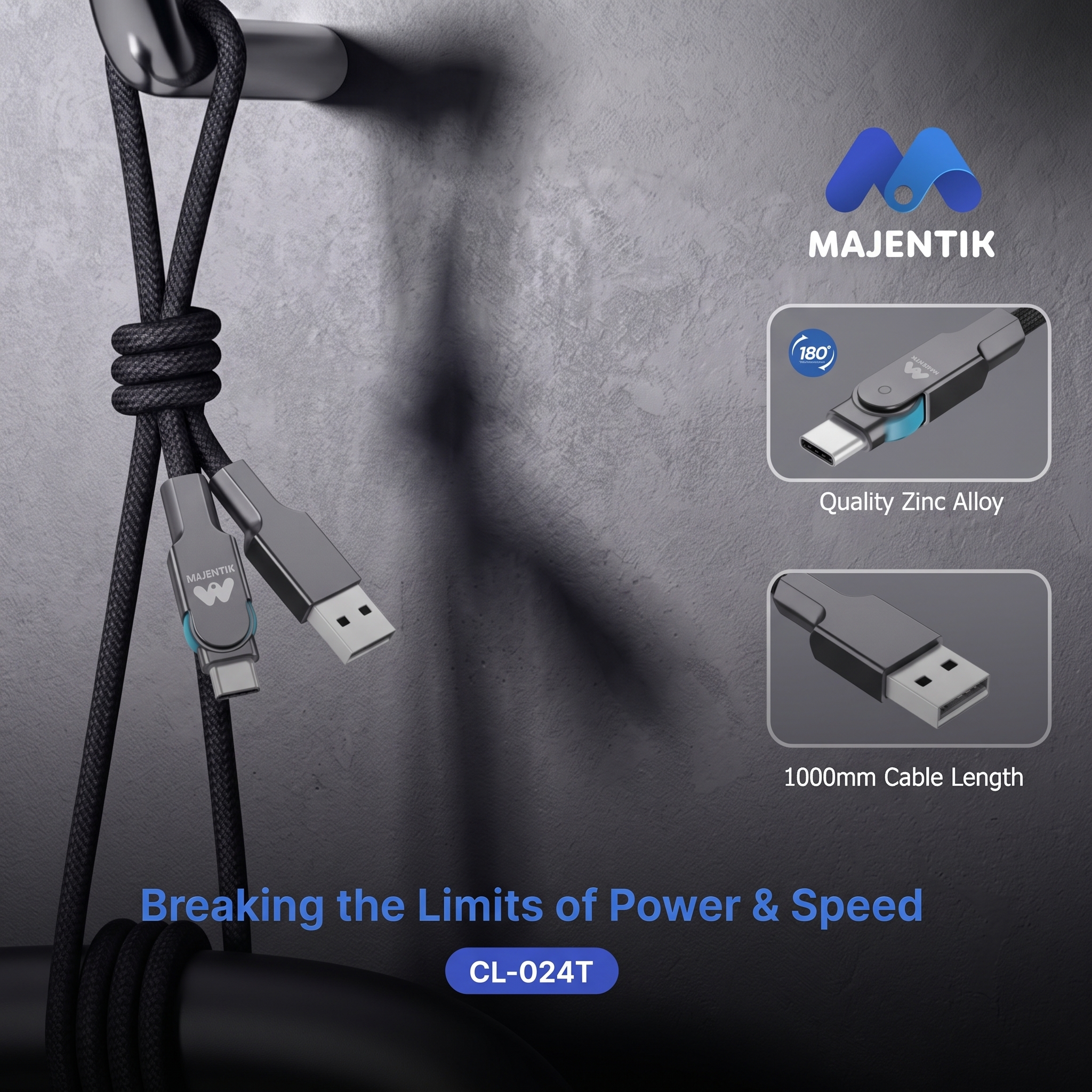 Cable Majentik CL-024T USB-A to USB-C Super Fast Charging & Data Cable, 3A, 180° Rotating Connector, 1M Braided Cable, 480Mbps - Black