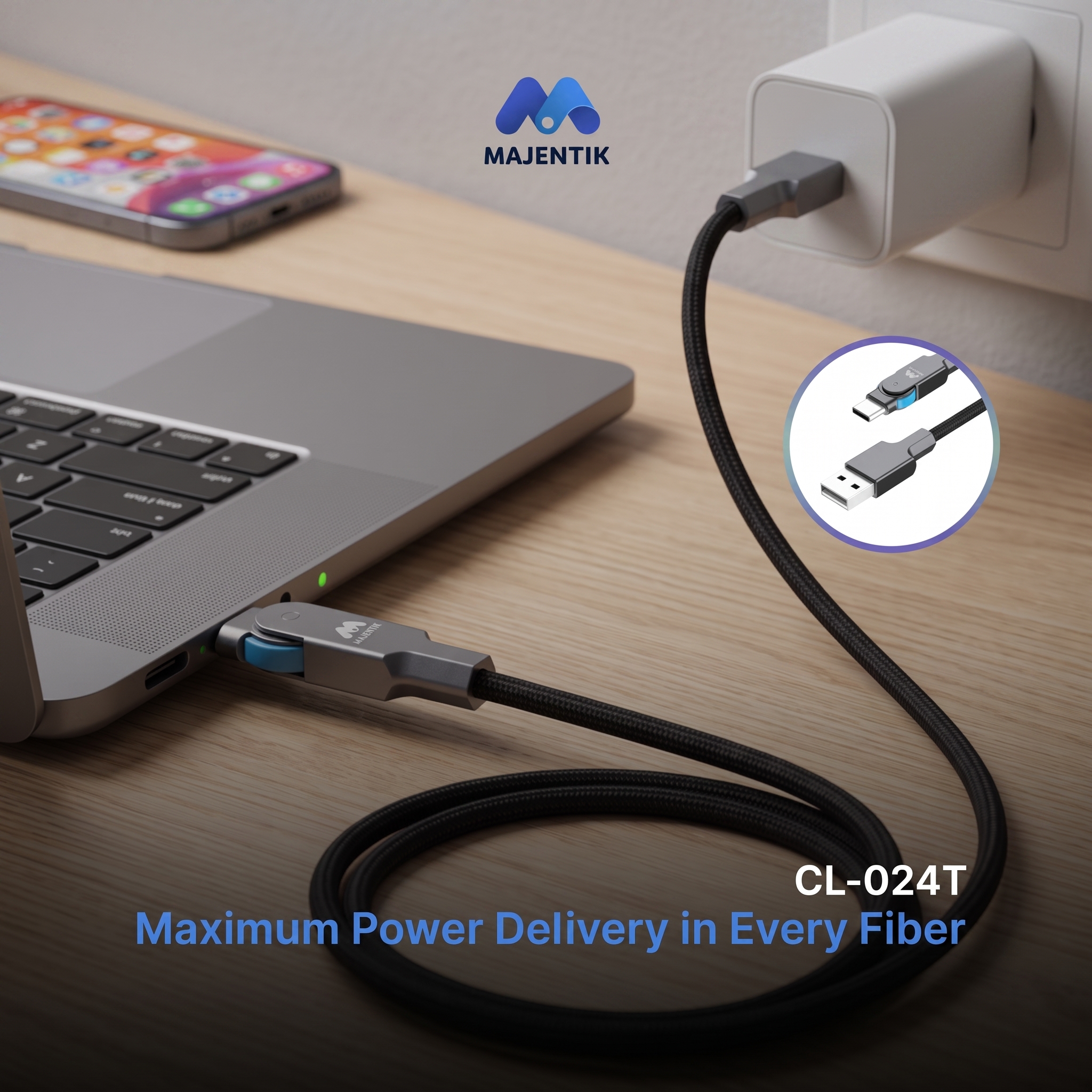 Cable Majentik CL-024T USB-A to USB-C Super Fast Charging & Data Cable, 3A, 180° Rotating Connector, 1M Braided Cable, 480Mbps - Black
