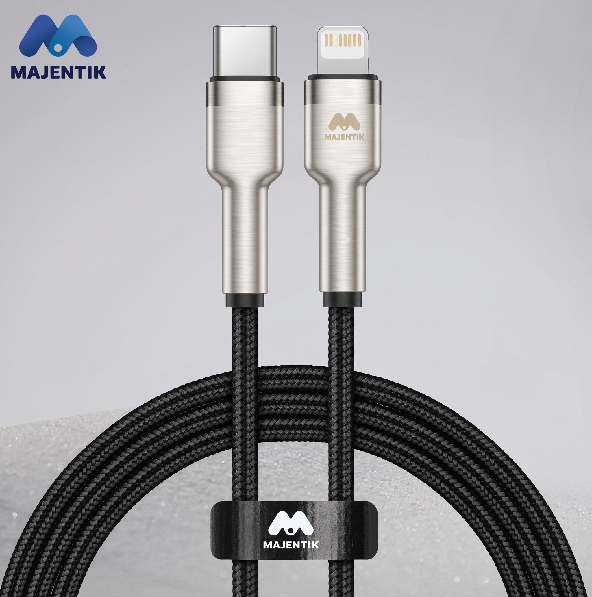 Majentik CL013-L Type-C to Lightning 27W PD Fast Charging Cable, 2 Meter Fabric Braided Cable with Full-Metal Connectors and Auto Power-Off - Black