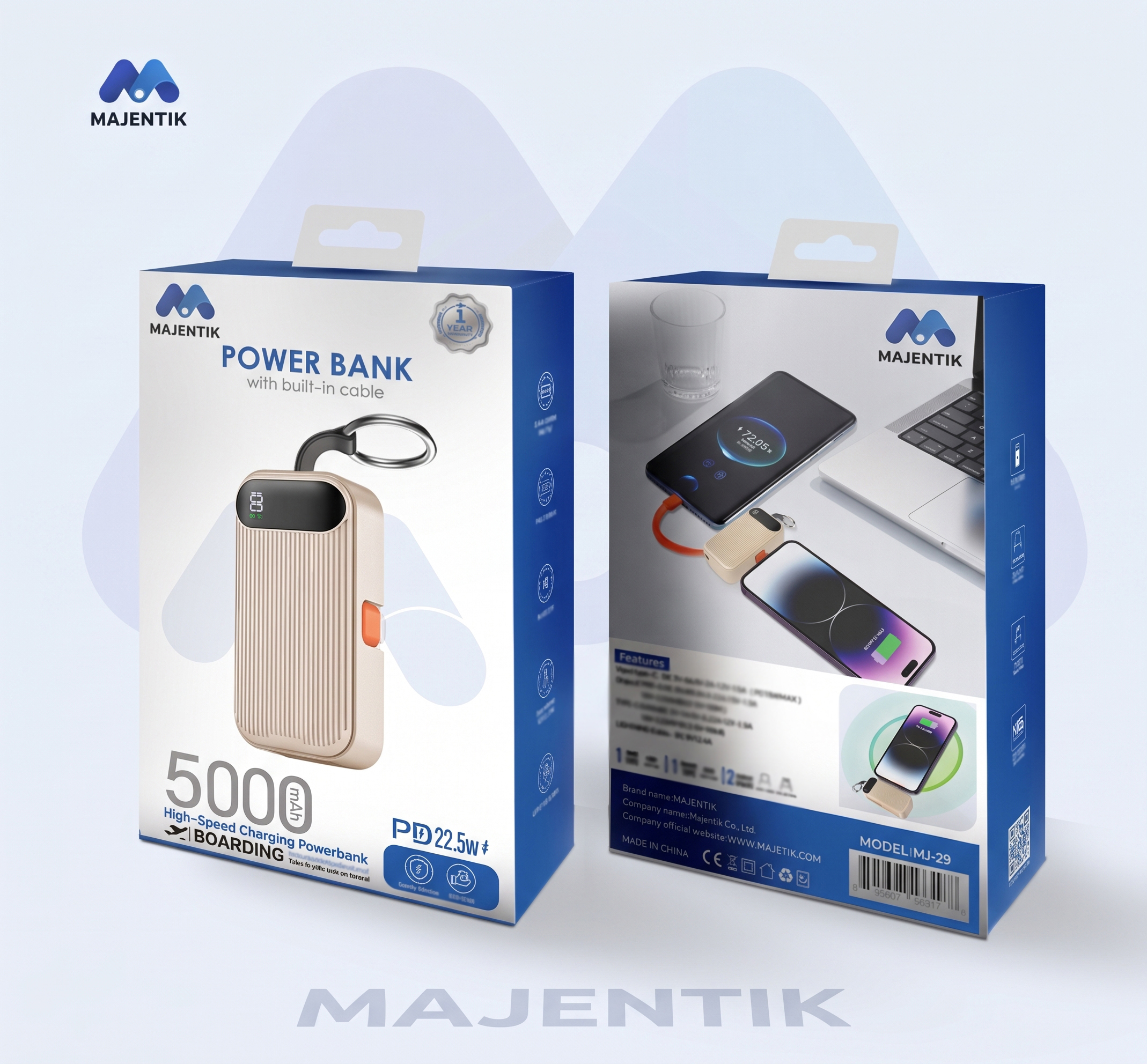 Majentik MJ-29 5000mAh Mini Power Bank with 22.5W Fast Charging, Built-in Type-C & Lightning Cables, Smart Digital Display, PD & QC 3.0, Compact Keyring Design - Titanium